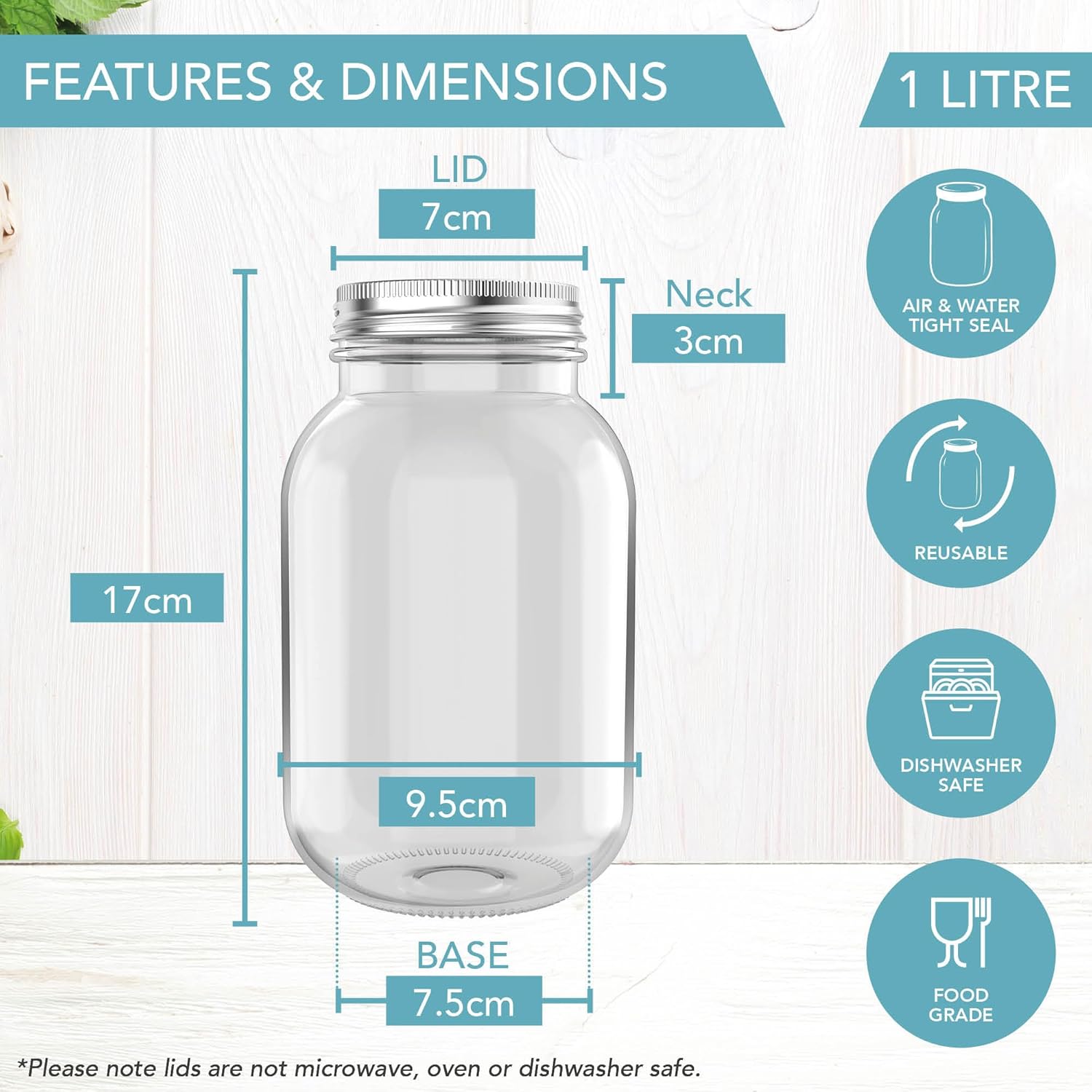 HEFTMAN Glass Mason Jars with Lids 1L - Set of 12 Air Tight Jars for Overnight Oats, Homemade Jam, Baby Food Storage, Meal Prep Jars, Pickling Jars - Large Glass Jars with Lids (1 Litre)-1