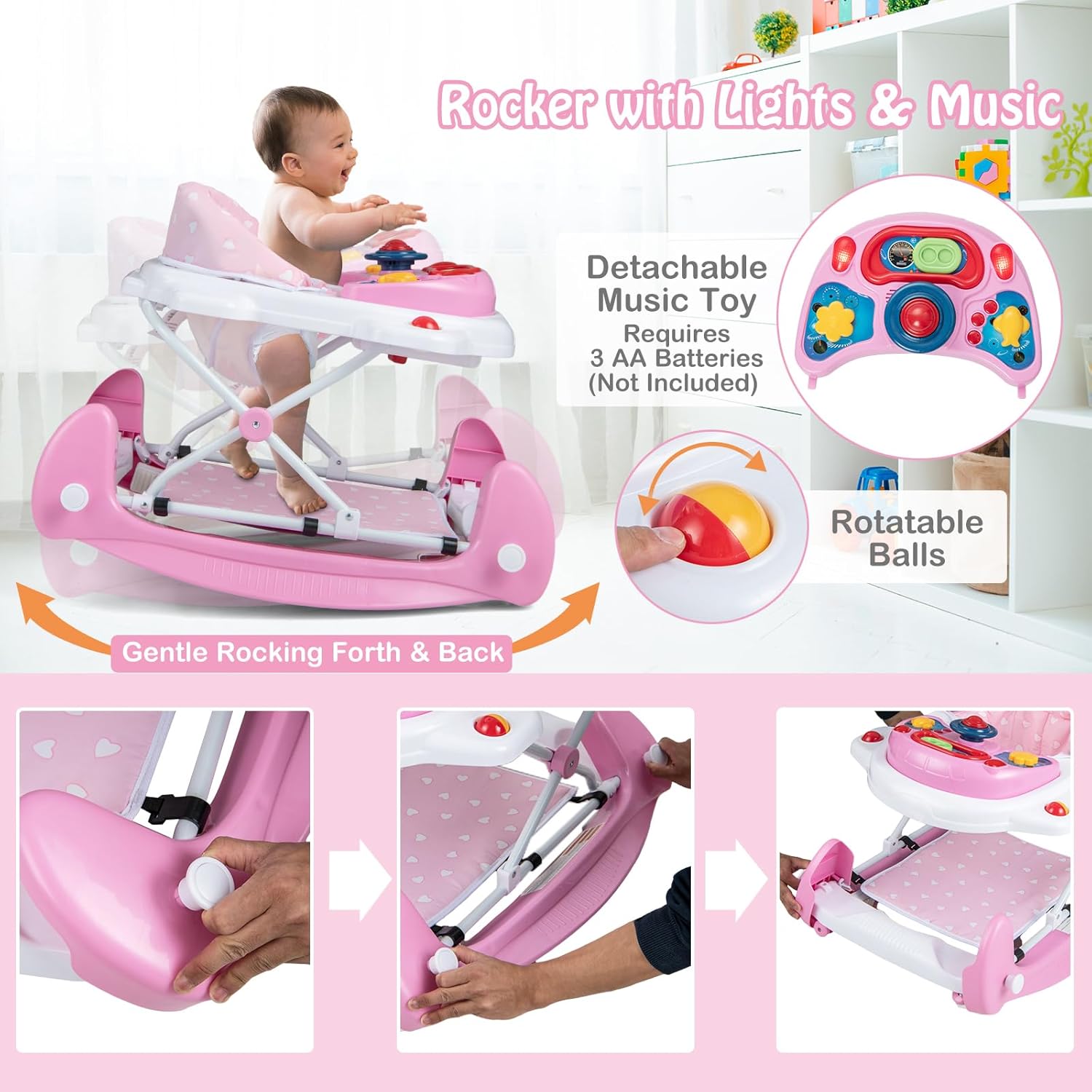 GYMAX Baby Walker, 6 in 1 Foldable Toddler Push Along Walker with Wheels, Music Tray, Lights and Rocker Mode, Height Adjustable Infant Learning to Walk Activity Center for 6-18 Months (Pink)-2