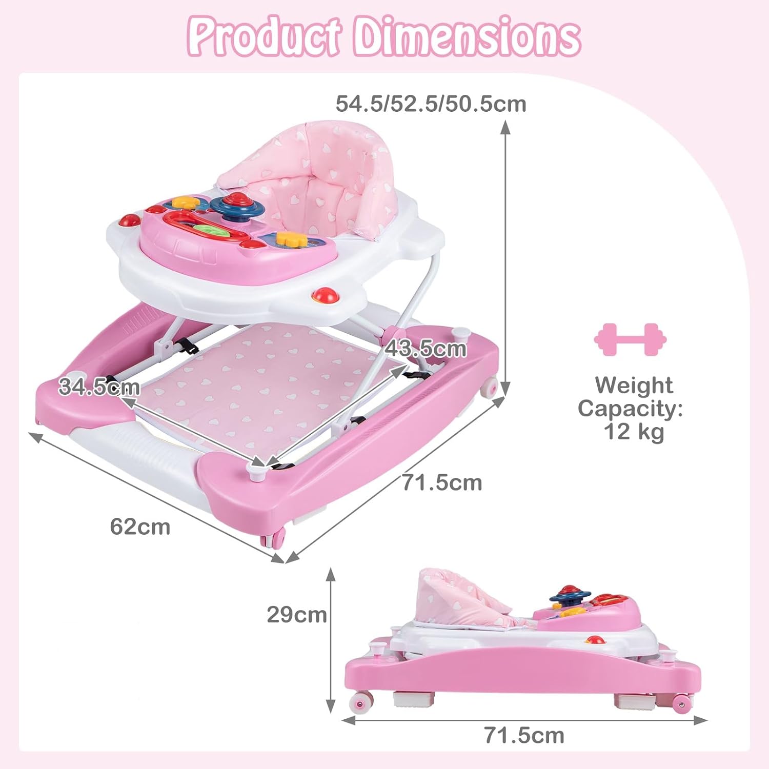 GYMAX Baby Walker, 6 in 1 Foldable Toddler Push Along Walker with Wheels, Music Tray, Lights and Rocker Mode, Height Adjustable Infant Learning to Walk Activity Center for 6-18 Months (Pink)-4