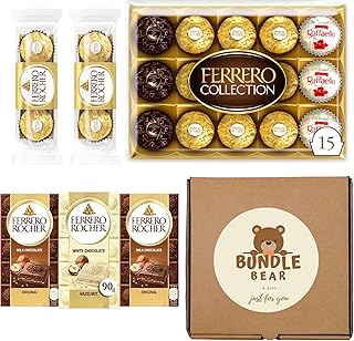 Bundle Bear Chocolate Gift Set, Bundle Includes Ferrero Rocher Collection Box, Milk & White Ferrero Rocher Chocolate Bars, Classic Ferrero Rocher 3 Pack, Christmas Chocolate Gift Set