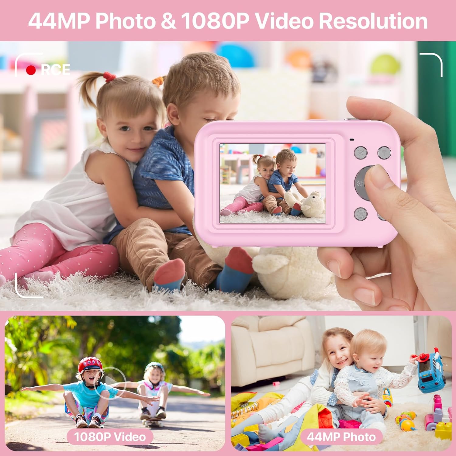 Digital Camera, FHD 1080P 44MP Kids Camera, Portable Compact Digital Camera with 16X Digital Zoom, New Models Rechargeable Camera for Kids Teenagers Beginners Adults Boy Girl (Pink)-1