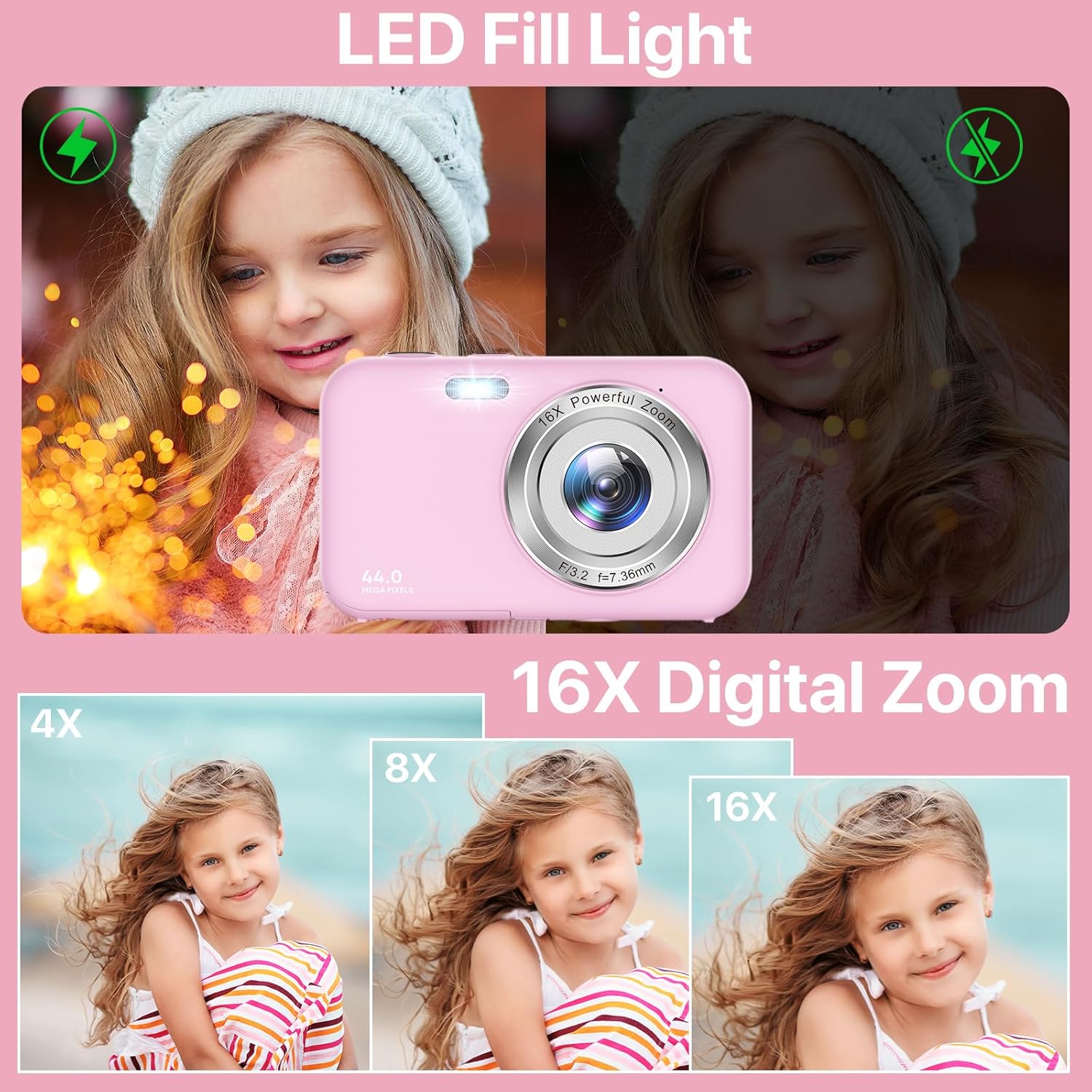 Digital Camera, FHD 1080P 44MP Kids Camera, Portable Compact Digital Camera with 16X Digital Zoom, New Models Rechargeable Camera for Kids Teenagers Beginners Adults Boy Girl (Pink)-3