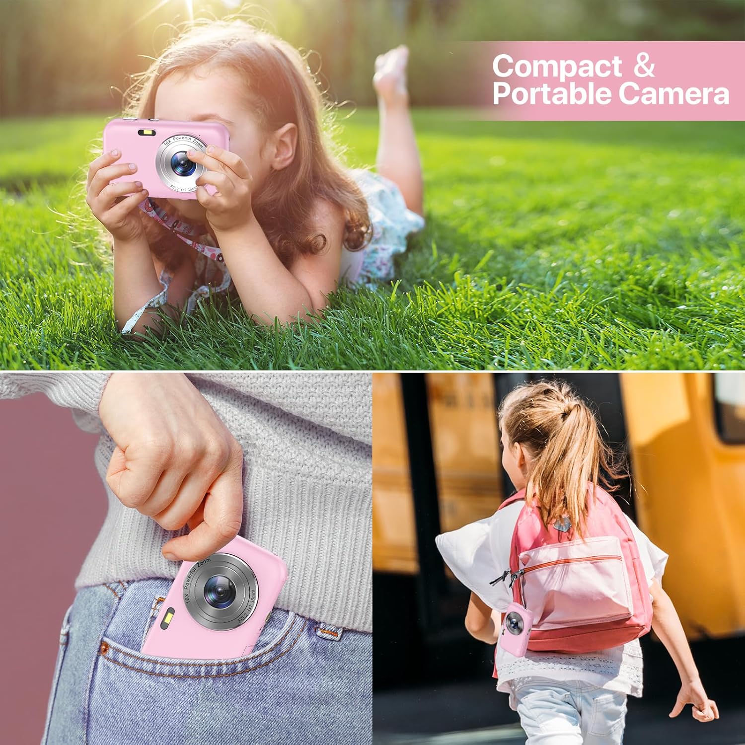 Digital Camera, FHD 1080P 44MP Kids Camera, Portable Compact Digital Camera with 16X Digital Zoom, New Models Rechargeable Camera for Kids Teenagers Beginners Adults Boy Girl (Pink)-5