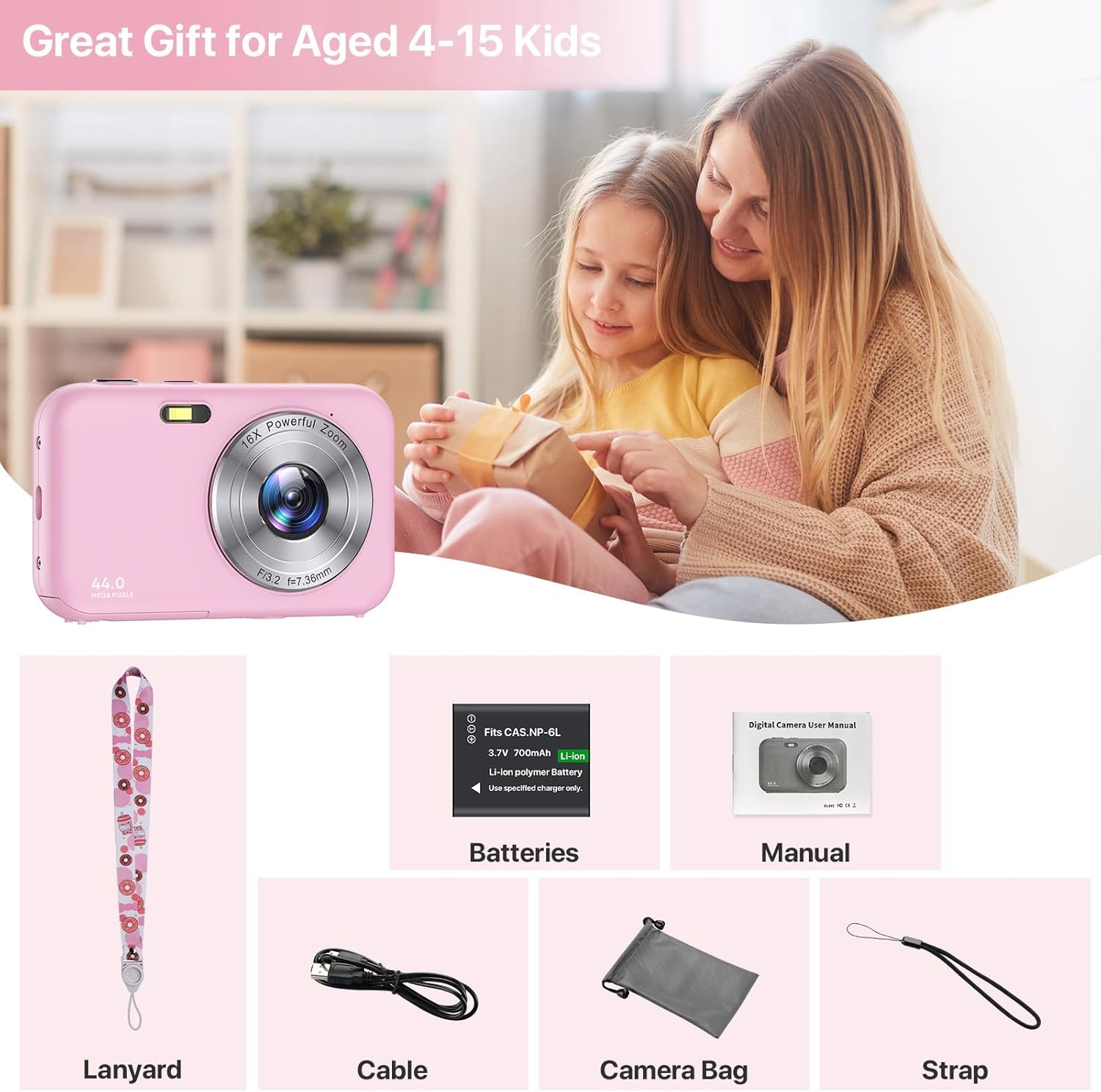 Digital Camera, FHD 1080P 44MP Kids Camera, Portable Compact Digital Camera with 16X Digital Zoom, New Models Rechargeable Camera for Kids Teenagers Beginners Adults Boy Girl (Pink)-6