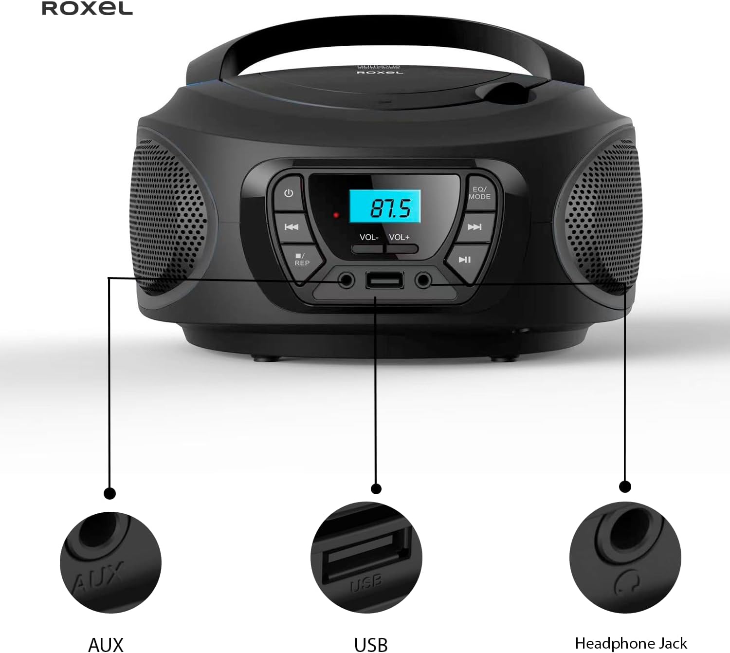 Roxel RCD-S50BT Portable Boombox CD Player with FM Radio, BT Wireless Streaming, USB MP3 Playback, AUX In, and Dual Power Option-3