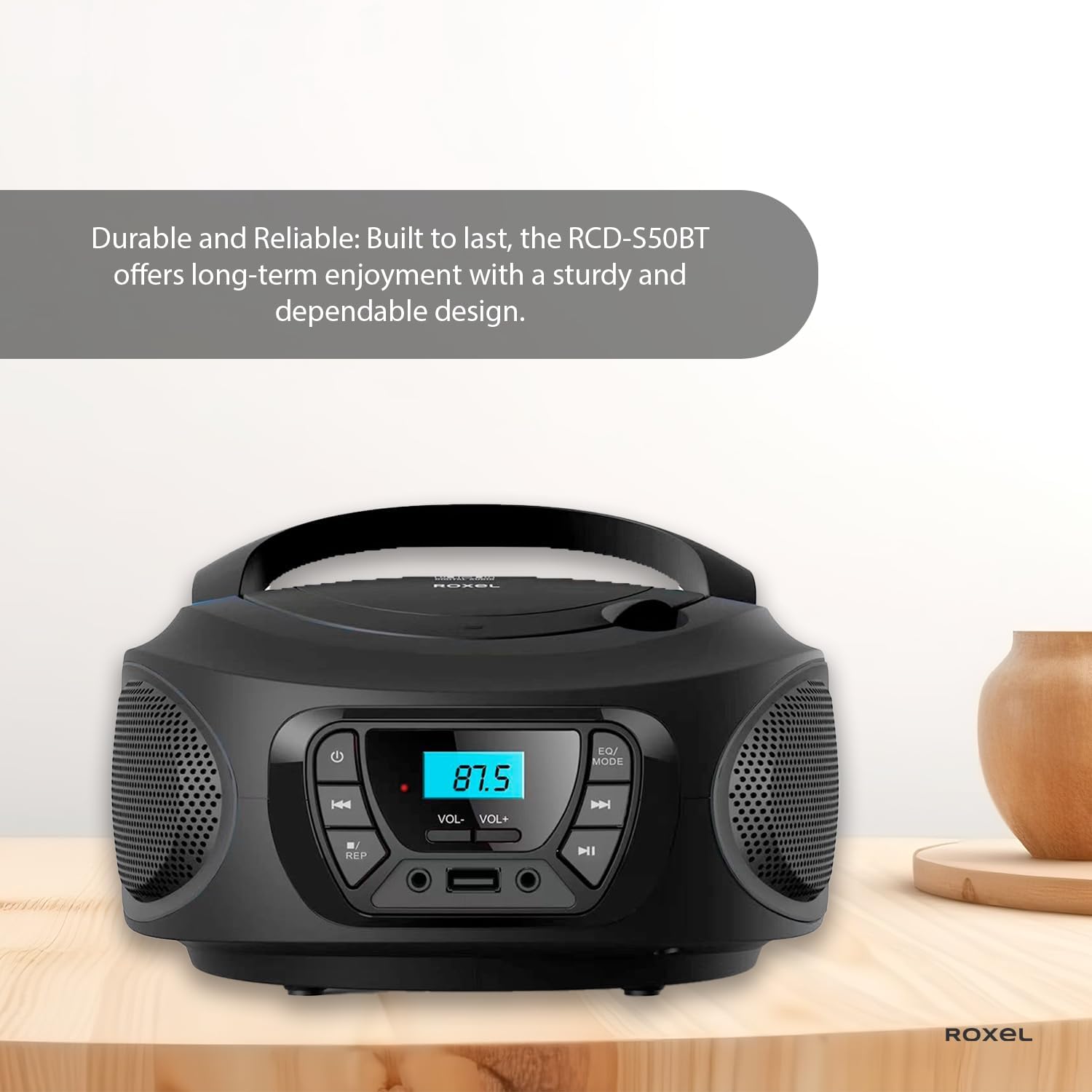 Roxel RCD-S50BT Portable Boombox CD Player with FM Radio, BT Wireless Streaming, USB MP3 Playback, AUX In, and Dual Power Option-6