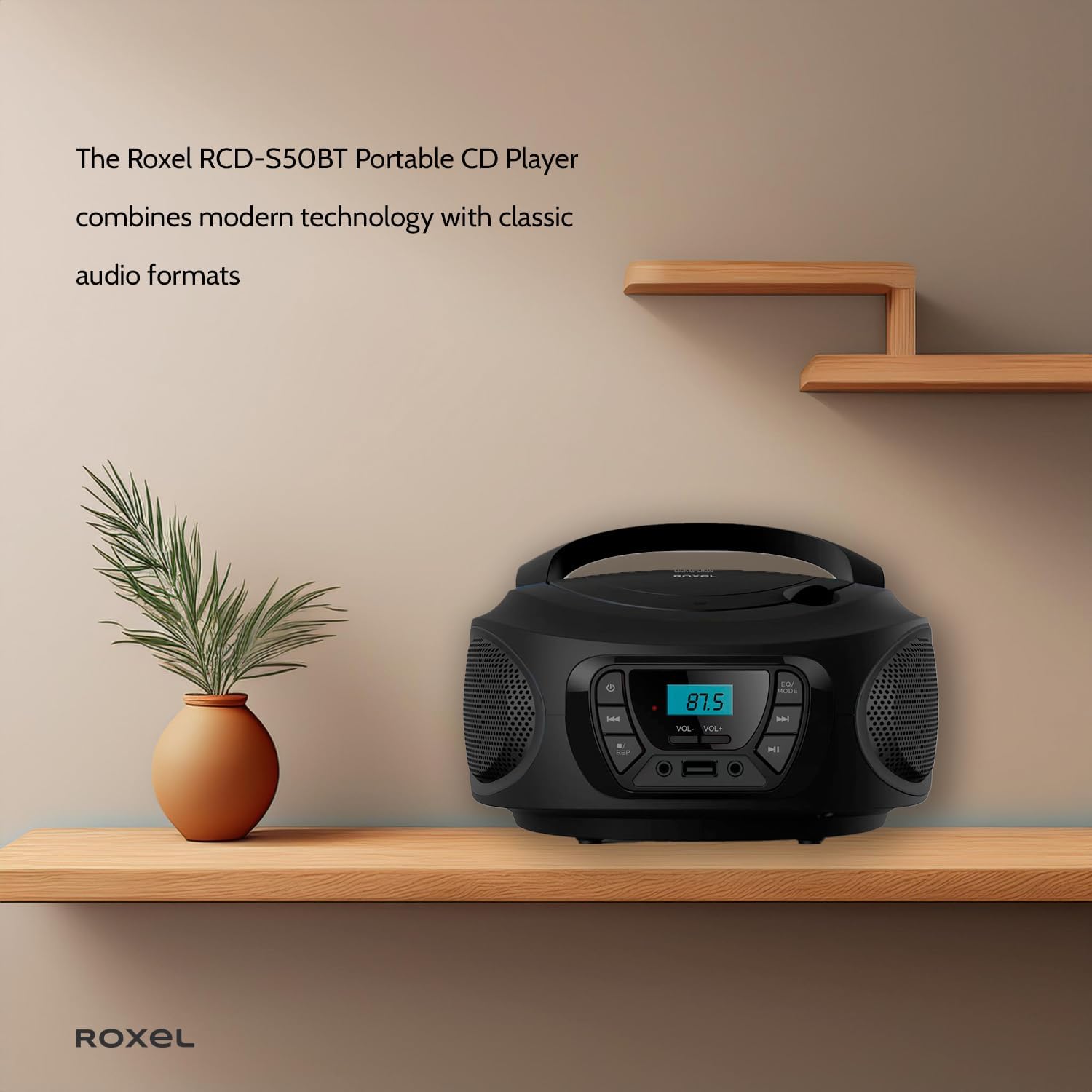 Roxel RCD-S50BT Portable Boombox CD Player with FM Radio, BT Wireless Streaming, USB MP3 Playback, AUX In, and Dual Power Option-7