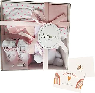 Newborn 7 Piece Luxury Boxed Baby Gift Set (0-3 Months) with Bundle Bear "Welcome Baby" Card, Baby Showers Gift & Newborn Baby Gift, Available in Blue, Pink & White (Pink)