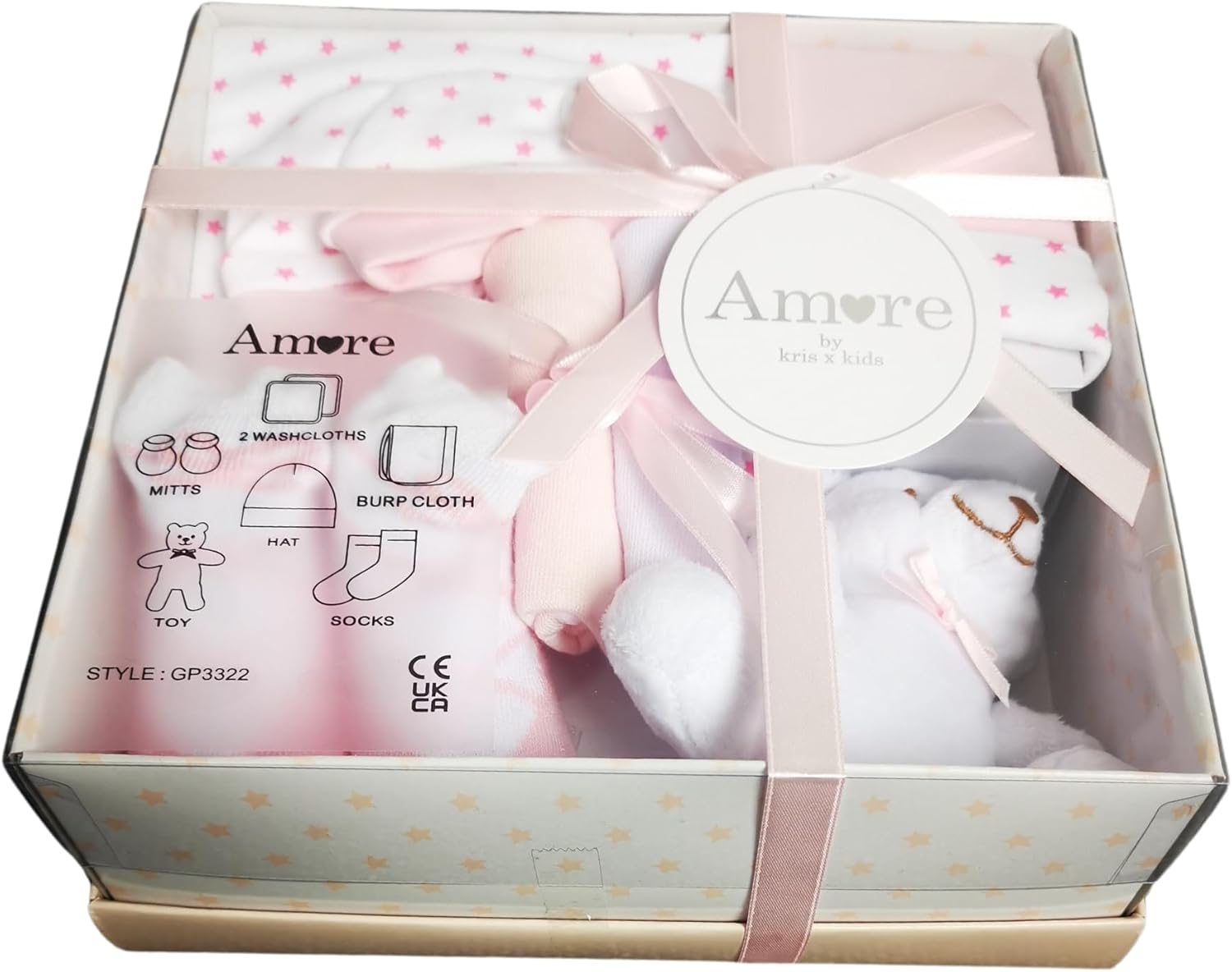 Newborn 7 Piece Luxury Boxed Baby Gift Set (0-3 Months) with Bundle Bear "Welcome Baby" Card, Baby Showers Gift & Newborn Baby Gift, Available in Blue, Pink & White (Pink)-1