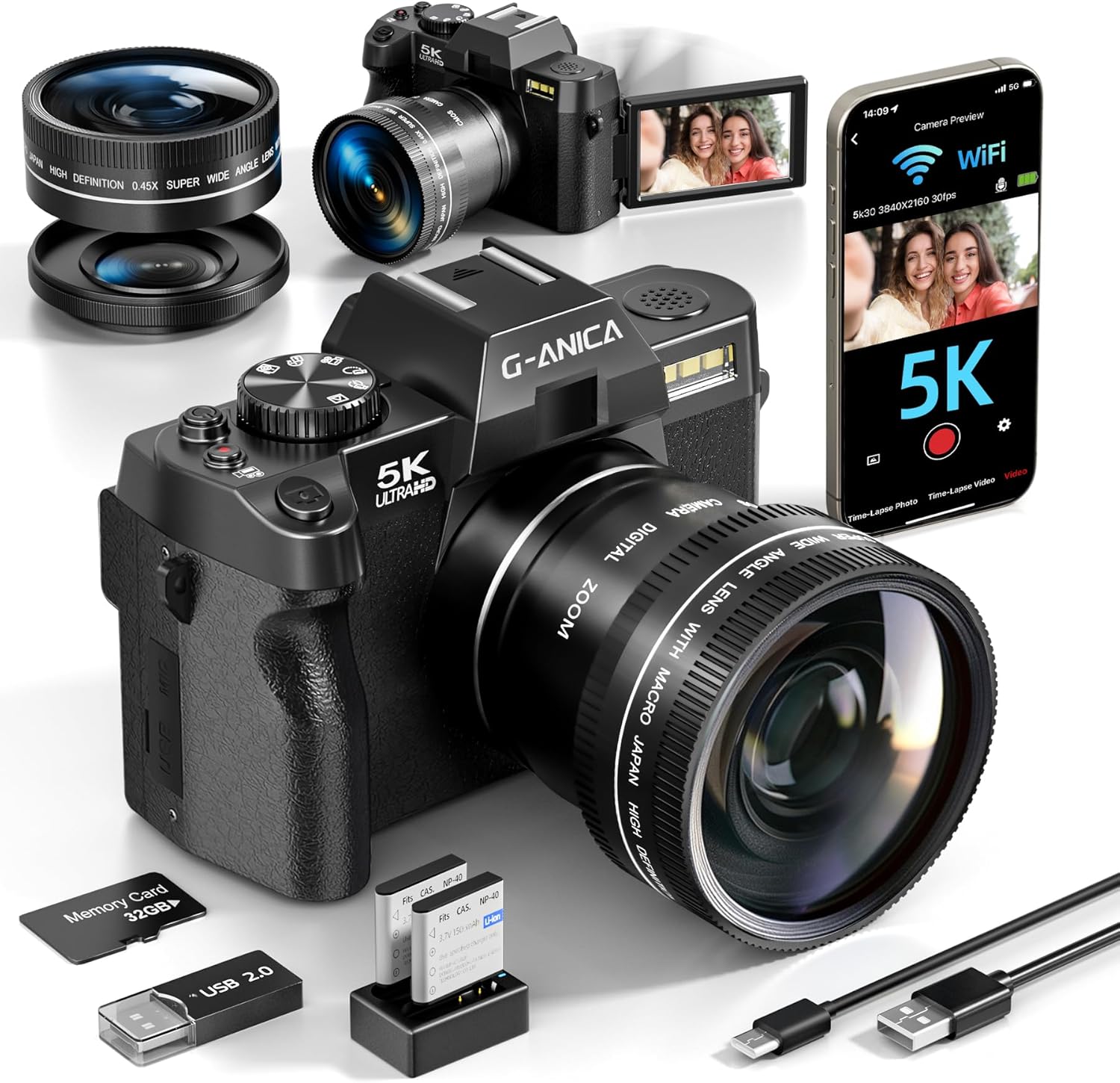 5K Digital Cameras for Photography，48MP/60FPS Video Camera for Vlogging, WiFi & App Control Vlogging Camera for YouTube, Small Camera with 32GB TF Card.Wide-Angle & Macro Lens-0