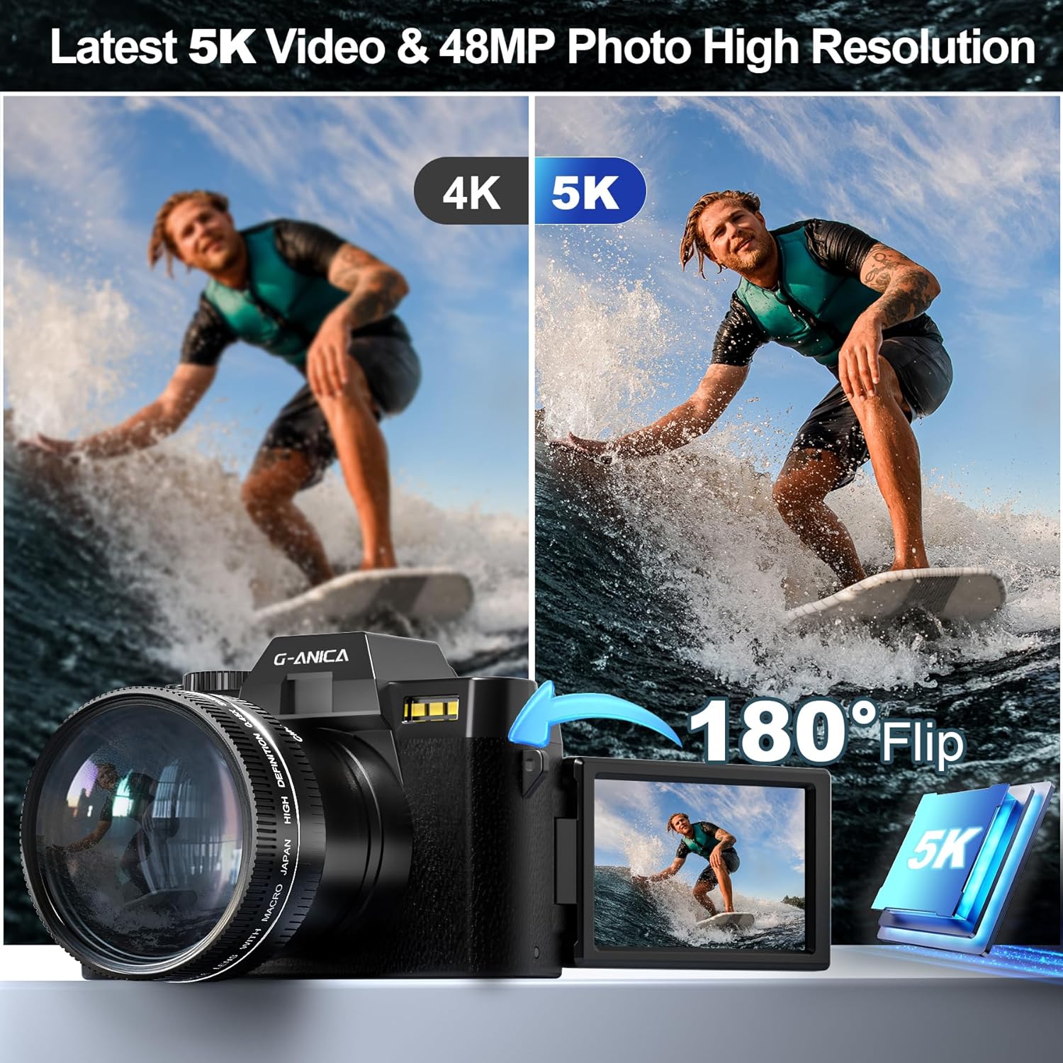 5K Digital Cameras for Photography，48MP/60FPS Video Camera for Vlogging, WiFi & App Control Vlogging Camera for YouTube, Small Camera with 32GB TF Card.Wide-Angle & Macro Lens-1