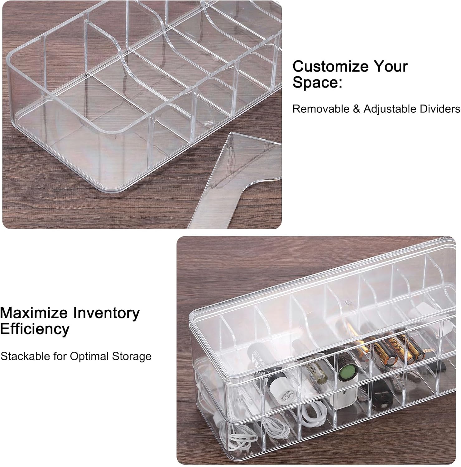 sourcing map Cable Organizer Box, Cord Management Plastic Box with Lids, Charger Cable Electronics Storage Box with Removable Dividers & Reusable Wire Ties for Home Office Drawer Desk-4