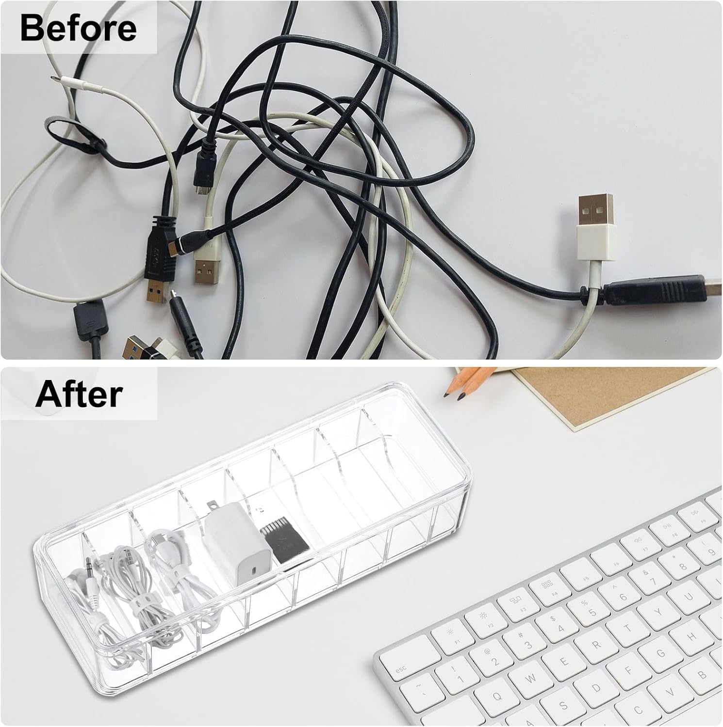 sourcing map Cable Organizer Box, Cord Management Plastic Box with Lids, Charger Cable Electronics Storage Box with Removable Dividers & Reusable Wire Ties for Home Office Drawer Desk-5