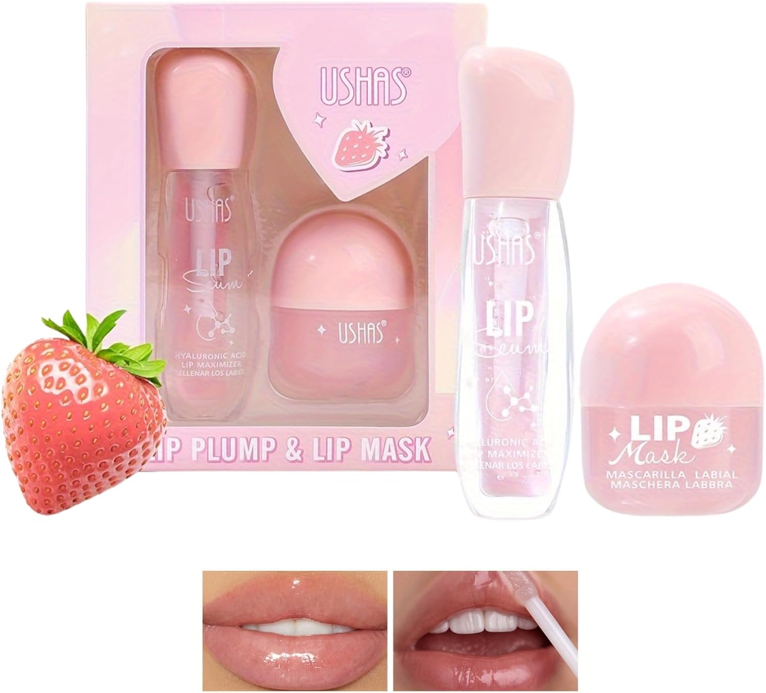 2PCS Lip Balm Set Lip Plumper, Strawberry Hydrating Lip Mask Set, Clear Lip Oil Moisturize Lipbalm Set for Day Night Care Enhancer Fade Lip Lines Non-sticky Lip Gloss-0