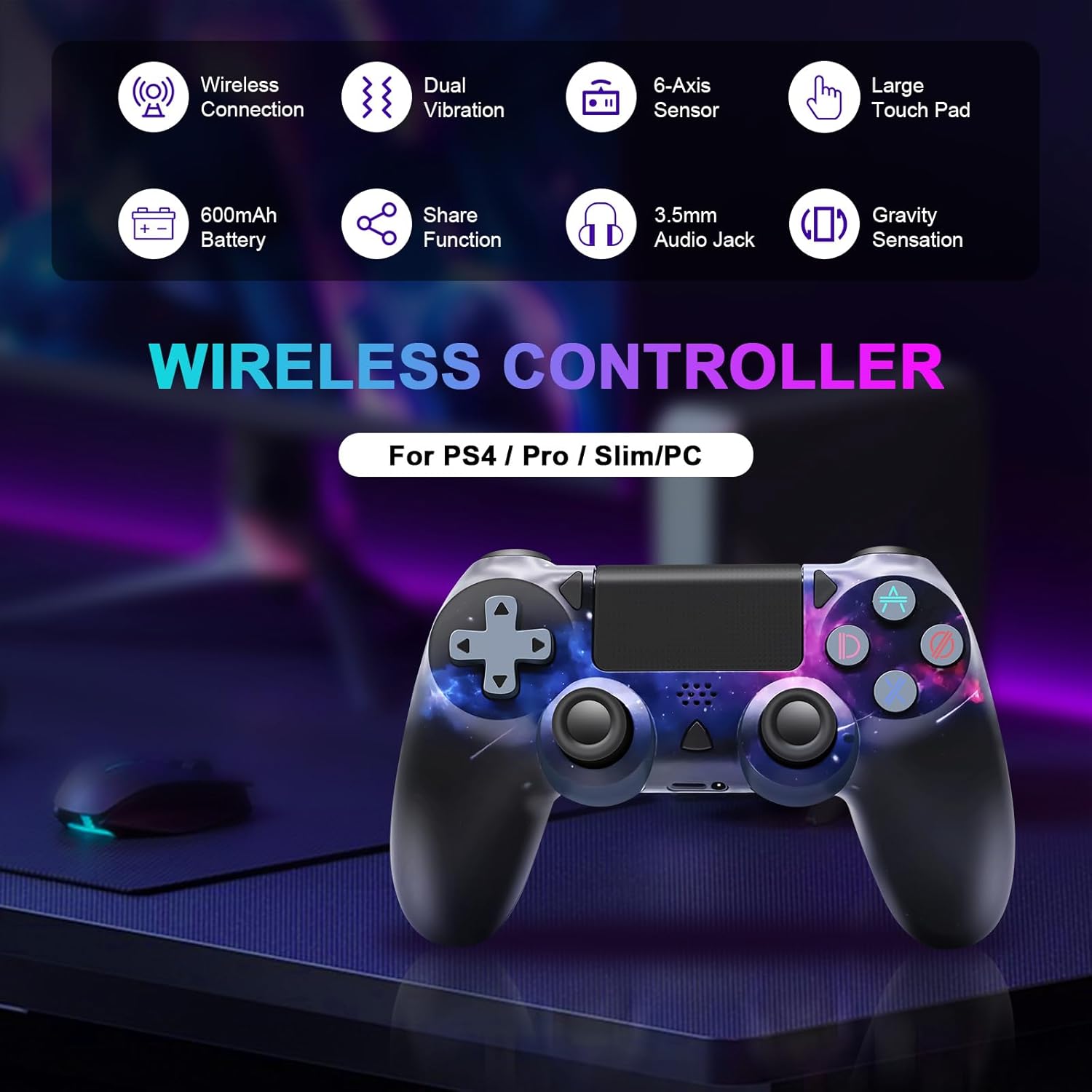 Effdrdfs Wireless Controller for PS-4, Controller Wireless for PS-4/Pro/Slim/PC, Bluetooth Gamepad Joystick with Dual Vibration Touch Panel 3.5mm Audio Jack Six-Axis Upgraded Ergonomic Controller-1