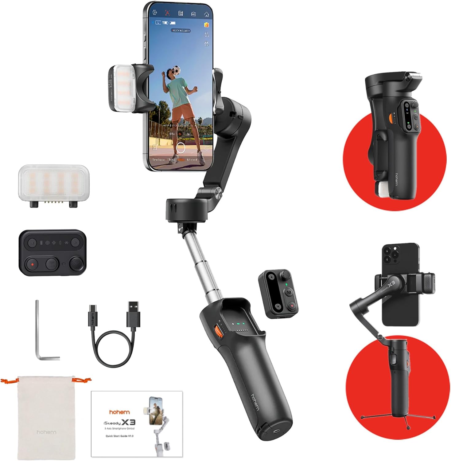 hohem iSteady x3 Gimbal Stabilizer for iPhone,AI Tracker Gimbal,3-Axis Smartphone Gimbal w/3-Color Fill Light,Detachable Remote Control Built-in Extension Rod,Foldable Gimbal,hohem x3 phone stabilizer-0