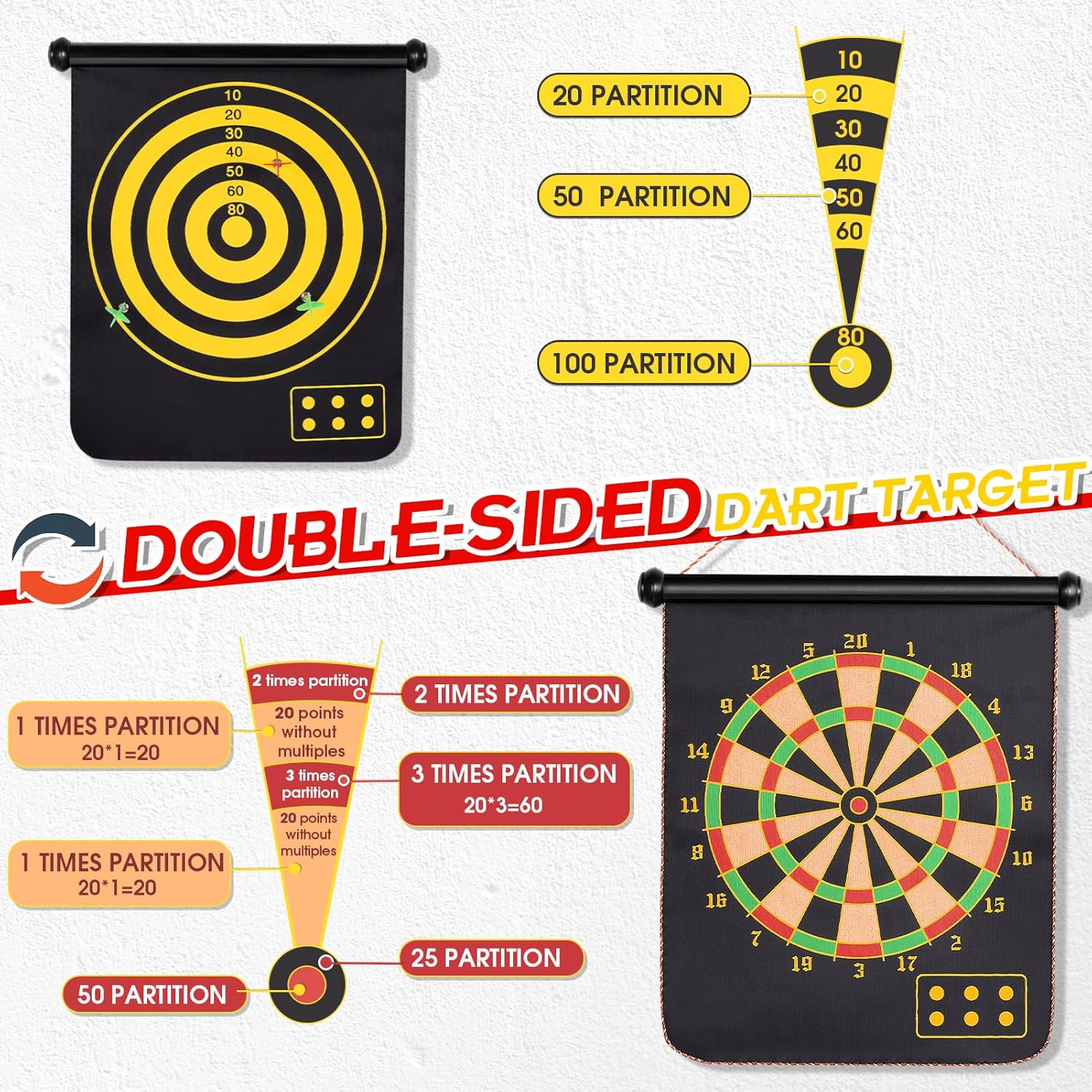 HappyKidsClub 15 inch Double-Sided Magnetic Dart Board Set for Kids with 6 Pcs Darts - Safe Gmae for Kids Indoor & Adult Office Entertainment-4