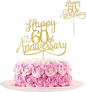 Sibba Golden Glitter Happy 60th Anniversary Cake Toppers Wedding Anniversary Party Decorations Frosting Card Picks Party Supplies Company Anniversary Pantry Staples Cooking Baking(60th Gold)