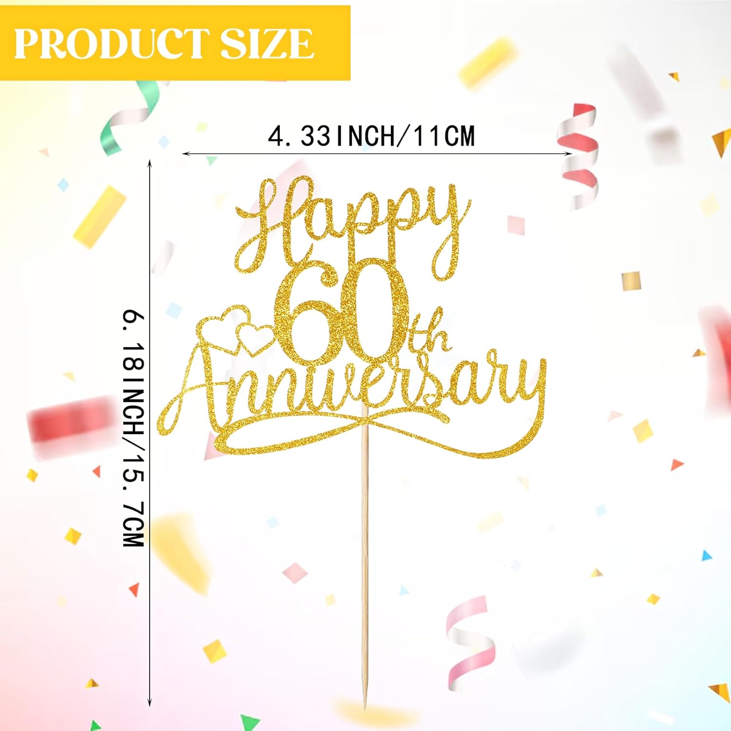 Sibba Golden Glitter Happy 60th Anniversary Cake Toppers Wedding Anniversary Party Decorations Frosting Card Picks Party Supplies Company Anniversary Pantry Staples Cooking Baking(60th Gold)-1