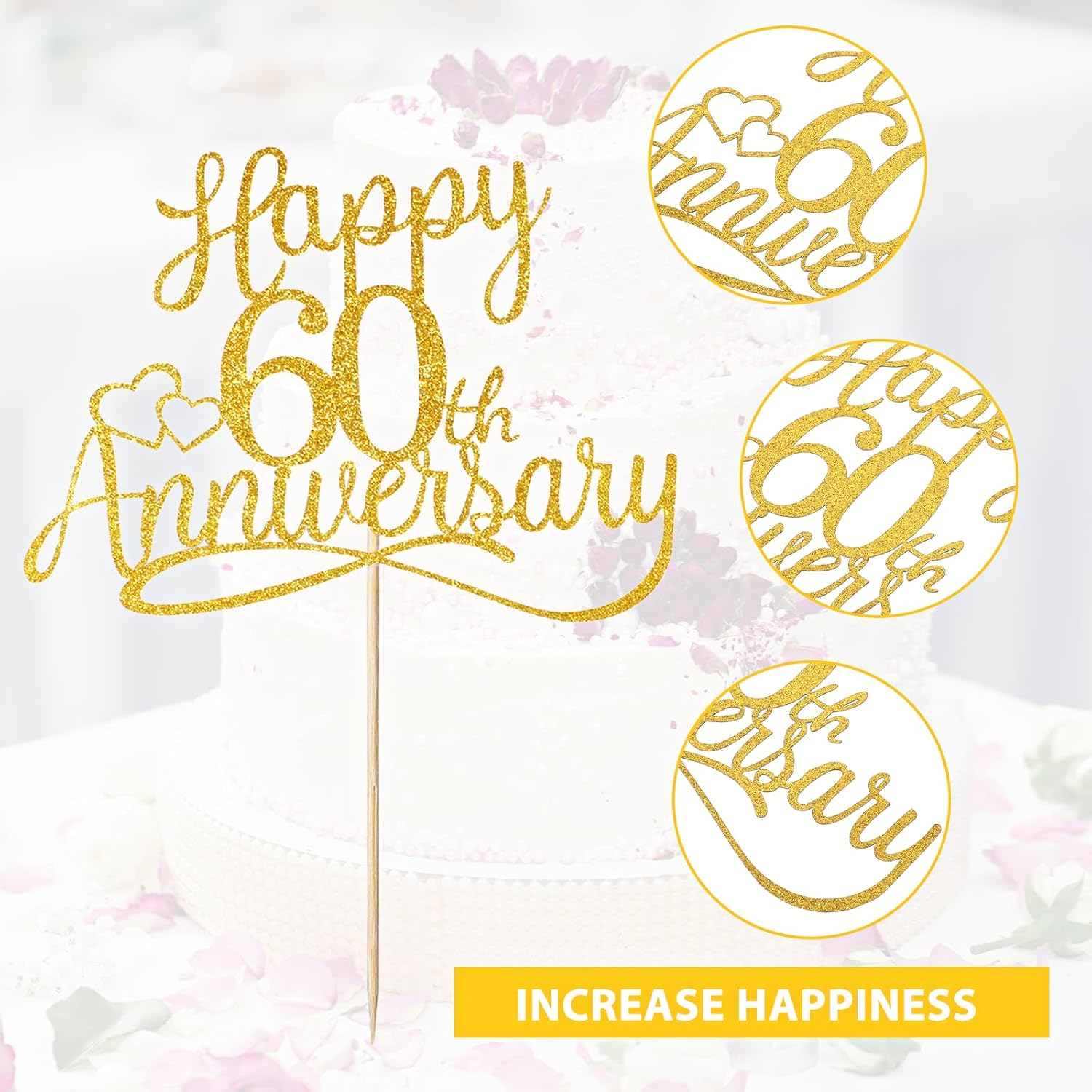 Sibba Golden Glitter Happy 60th Anniversary Cake Toppers Wedding Anniversary Party Decorations Frosting Card Picks Party Supplies Company Anniversary Pantry Staples Cooking Baking(60th Gold)-2