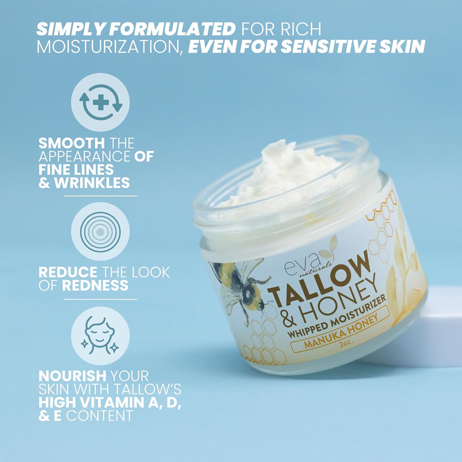 Small Batch, Whipped Beef Tallow Face Moisturizer - 100% Grass Fed & Finished With Manuka Honey, Beef Tallow For Face, Beef Tallow Moisturizer, Beef Tallow Face Cream - 57g-1