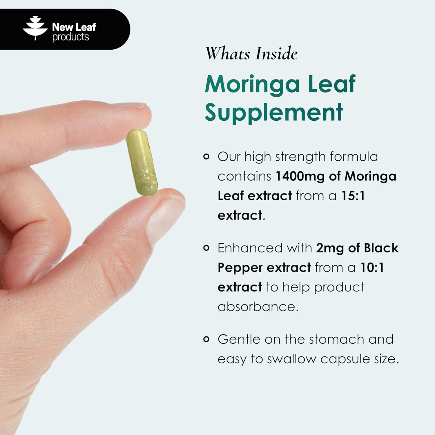 Moringa Leaf Capsules - High Strength Rosabella Moringa Capsules 2000mg - Pure Moringa Capsules Extract & Powder - 120 Moringa Capsules Enriched with Black Pepper - Vegan Moringa Capsules by New Leaf-1