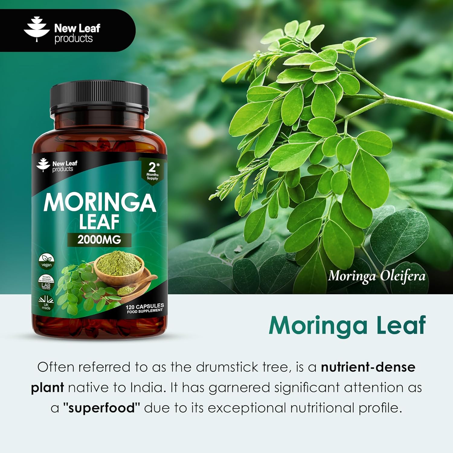 Moringa Leaf Capsules - High Strength Rosabella Moringa Capsules 2000mg - Pure Moringa Capsules Extract & Powder - 120 Moringa Capsules Enriched with Black Pepper - Vegan Moringa Capsules by New Leaf-2