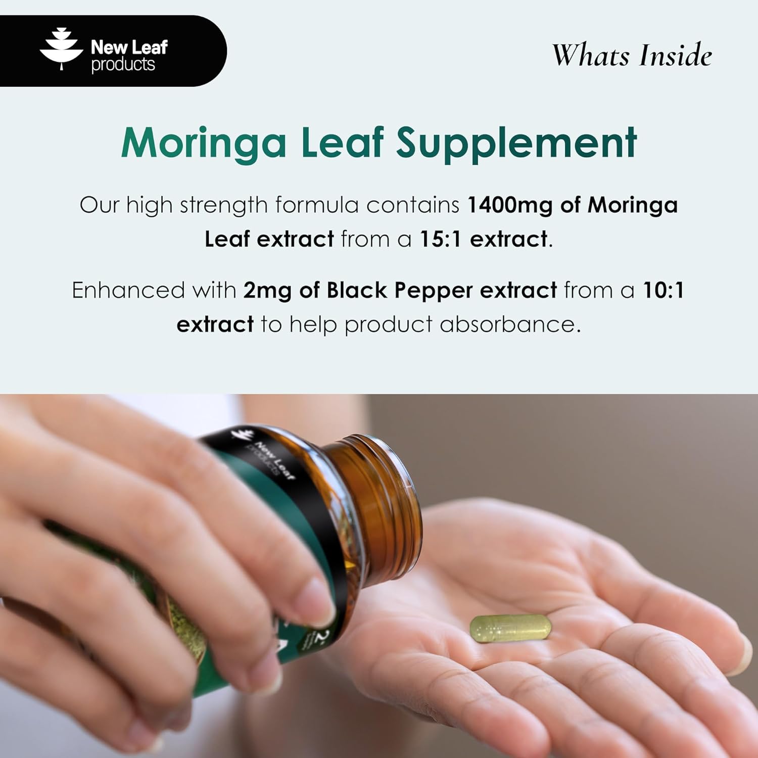 Moringa Leaf Capsules - High Strength Rosabella Moringa Capsules 2000mg - Pure Moringa Capsules Extract & Powder - 120 Moringa Capsules Enriched with Black Pepper - Vegan Moringa Capsules by New Leaf-3