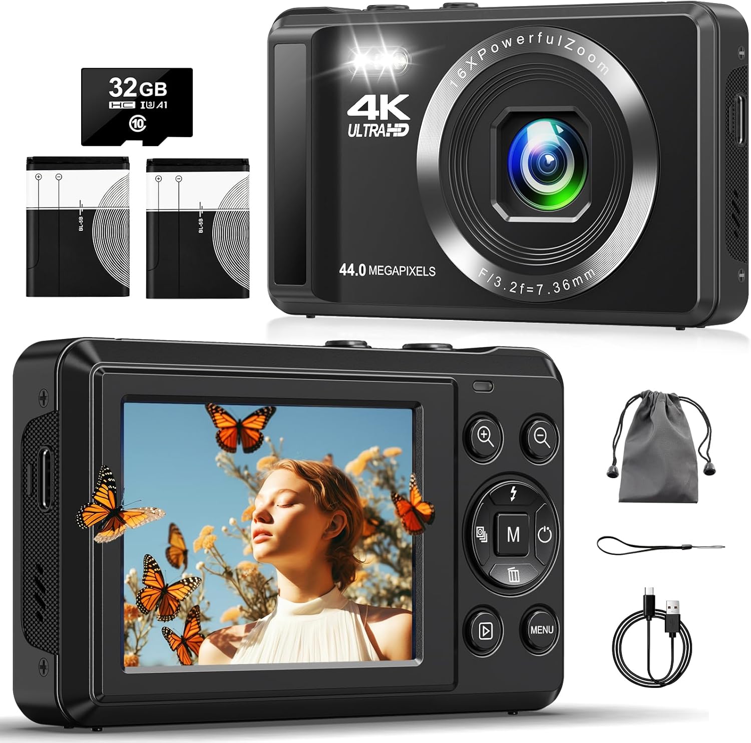 4K Digital Camera with 32GB SD Card, 44MP Autofocus Compact Camera for Photography, Portable Mini Vlogging Camera with Two 1200mAh Batteries, USB Cable, for Kids teenagers Adults Beginners-0