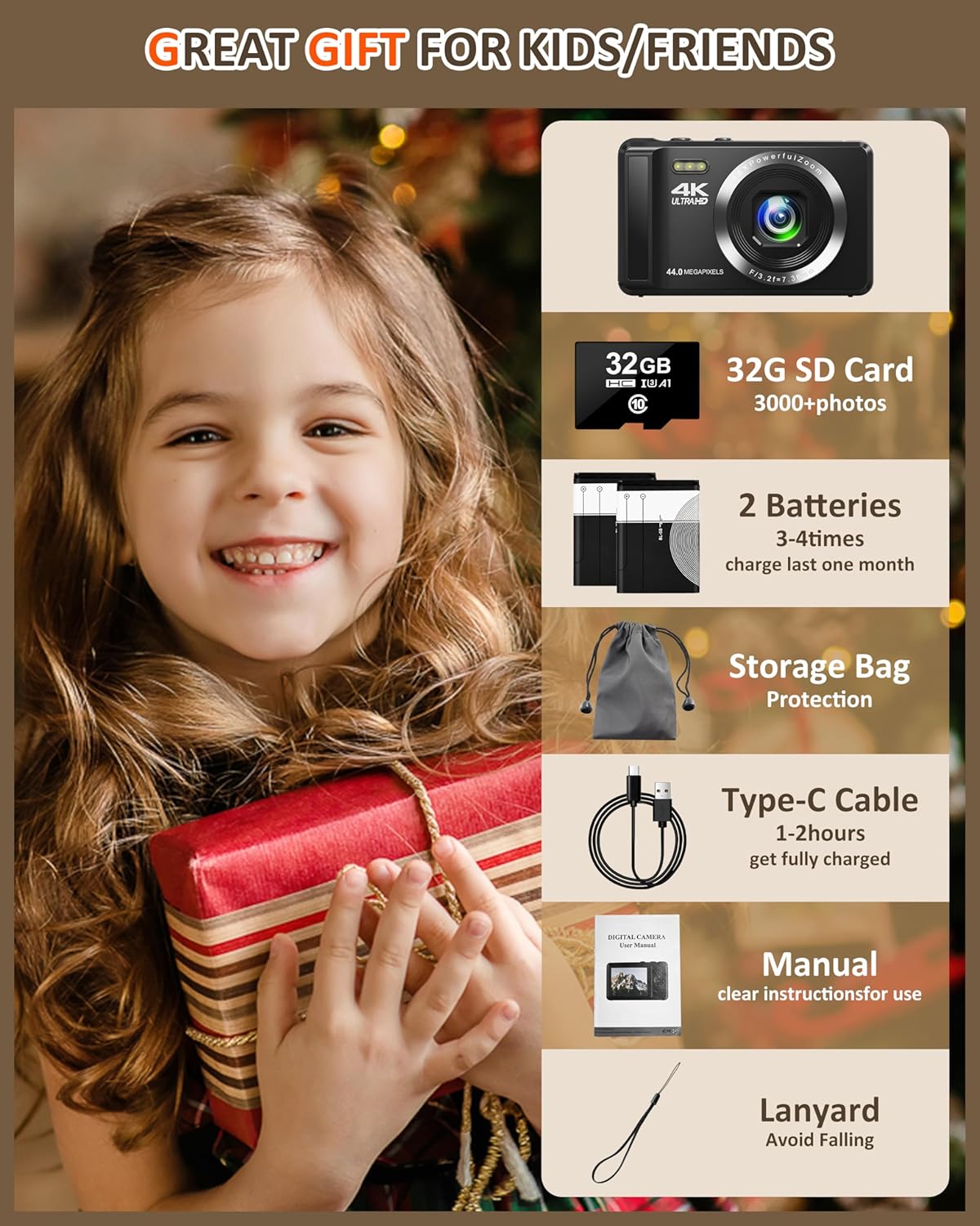 4K Digital Camera with 32GB SD Card, 44MP Autofocus Compact Camera for Photography, Portable Mini Vlogging Camera with Two 1200mAh Batteries, USB Cable, for Kids teenagers Adults Beginners-5