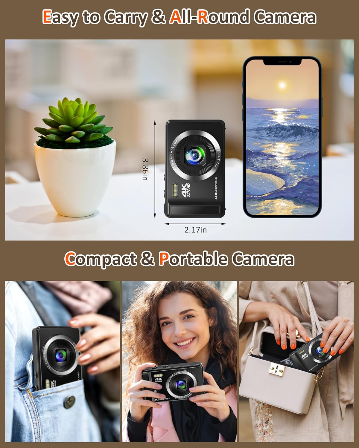 4K Digital Camera with 32GB SD Card, 44MP Autofocus Compact Camera for Photography, Portable Mini Vlogging Camera with Two 1200mAh Batteries, USB Cable, for Kids teenagers Adults Beginners-6