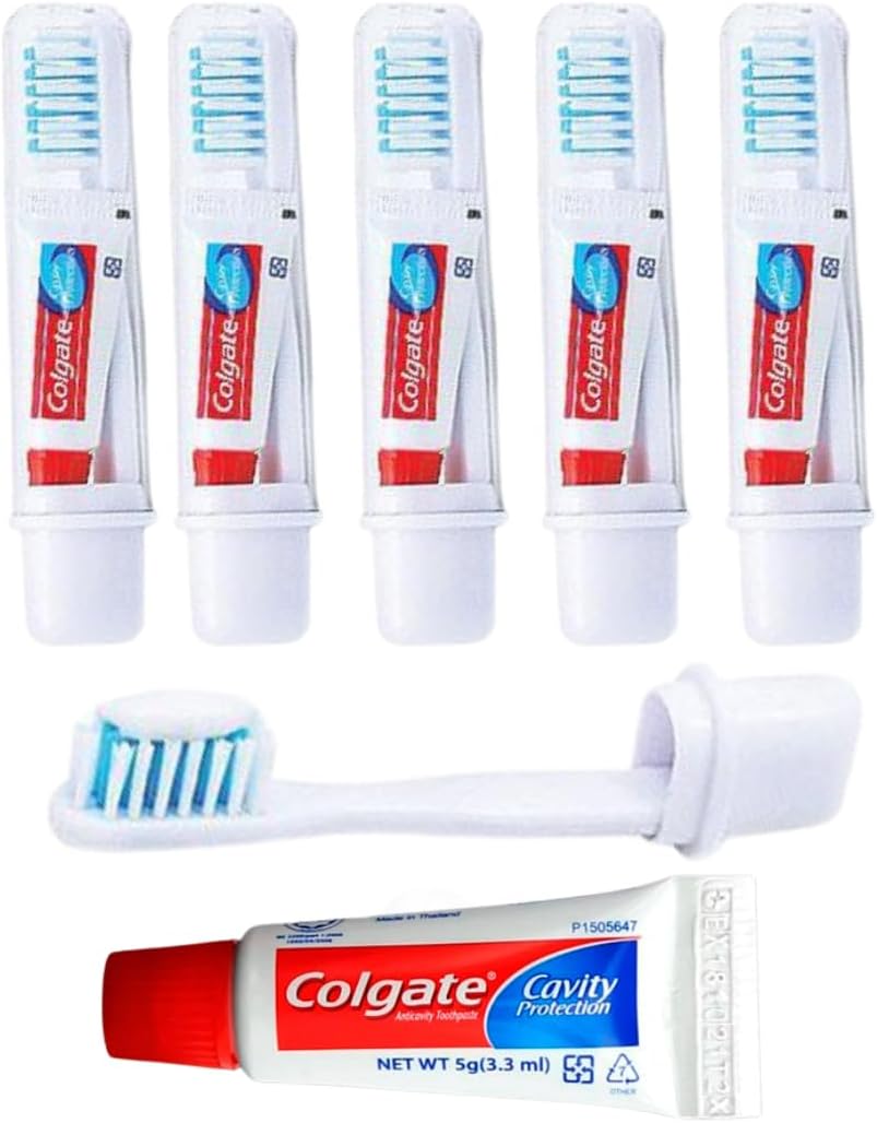 Colgate Travel Toothbrush Set of 5 by Woodzyco - Foldable Toothbrush - Portable Toothbrush Set with Toothpaste - Orthodontic Toothbrush Set - Compact Toothbrush Set with Mini Toothpaste - Travel Size-0