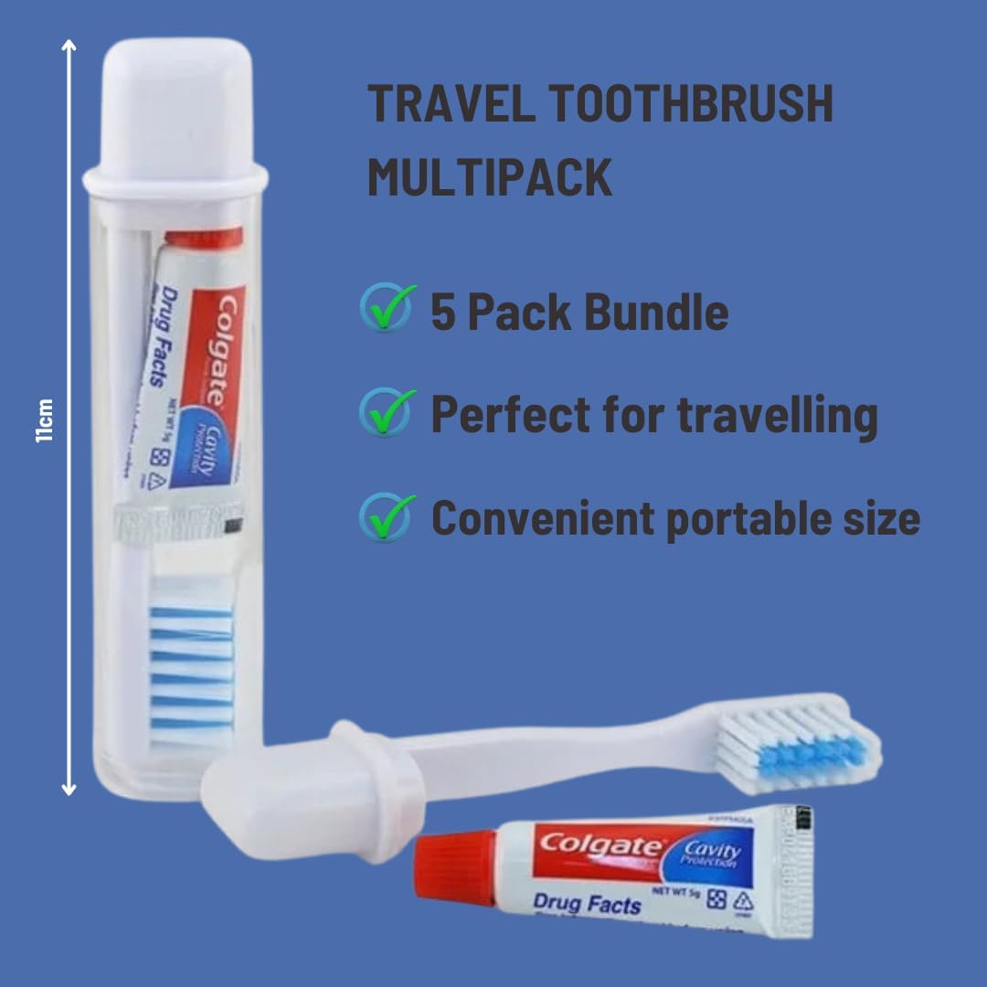 Colgate Travel Toothbrush Set of 5 by Woodzyco - Foldable Toothbrush - Portable Toothbrush Set with Toothpaste - Orthodontic Toothbrush Set - Compact Toothbrush Set with Mini Toothpaste - Travel Size-1