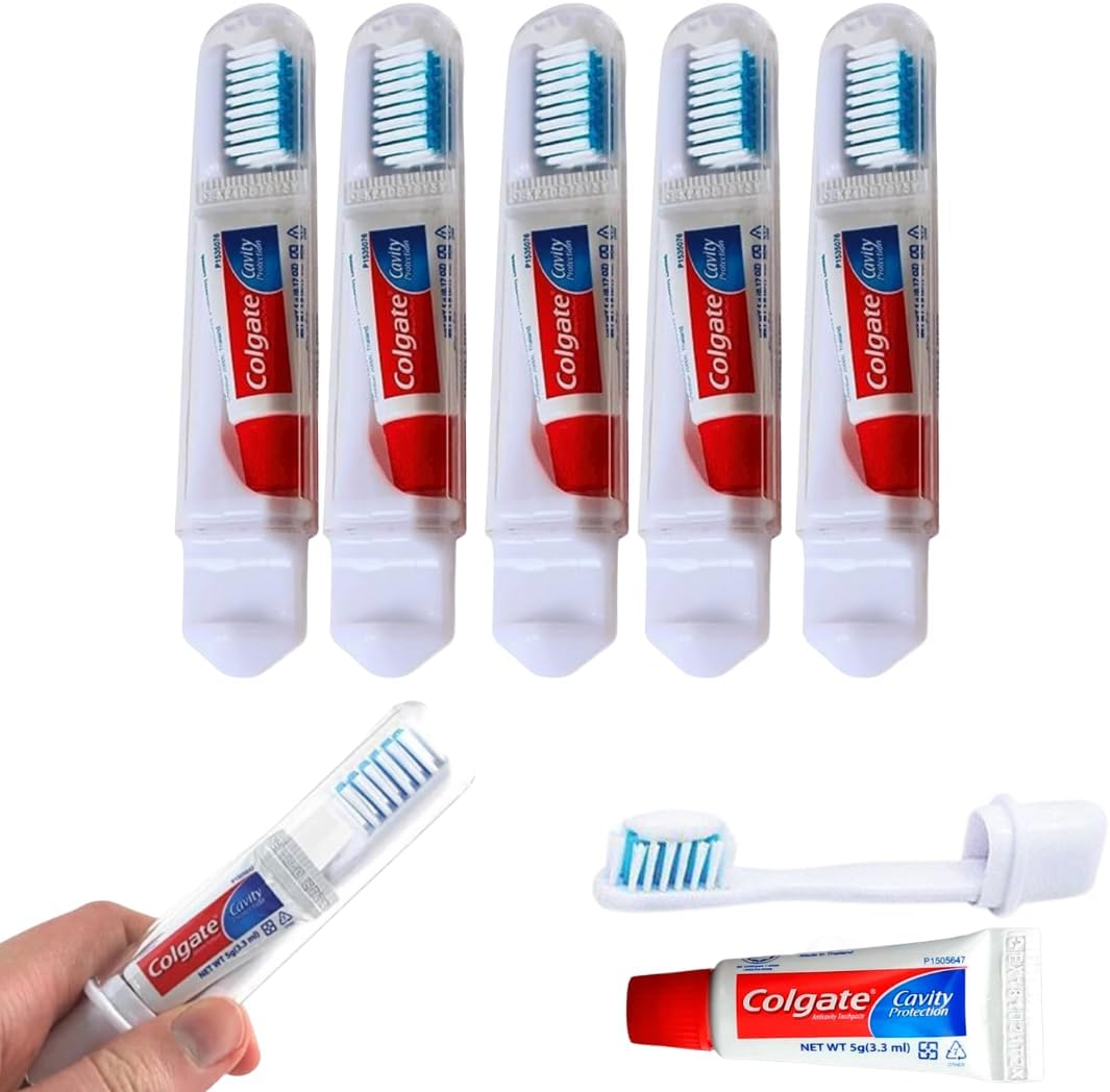 Colgate Travel Toothbrush Set of 5 by Woodzyco - Foldable Toothbrush - Portable Toothbrush Set with Toothpaste - Orthodontic Toothbrush Set - Compact Toothbrush Set with Mini Toothpaste - Travel Size-3