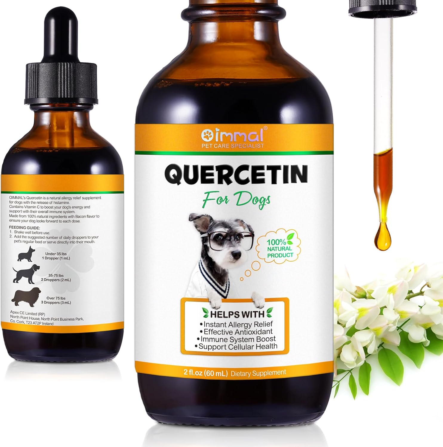 Quercetin for Dogs, 60ML Quercetin Liquid Drops Supplements with Vitamin C for Dog Allergy Relief, Immune Support, Itch Relief & Antioxidant (Natural Bacon Flavor)-0