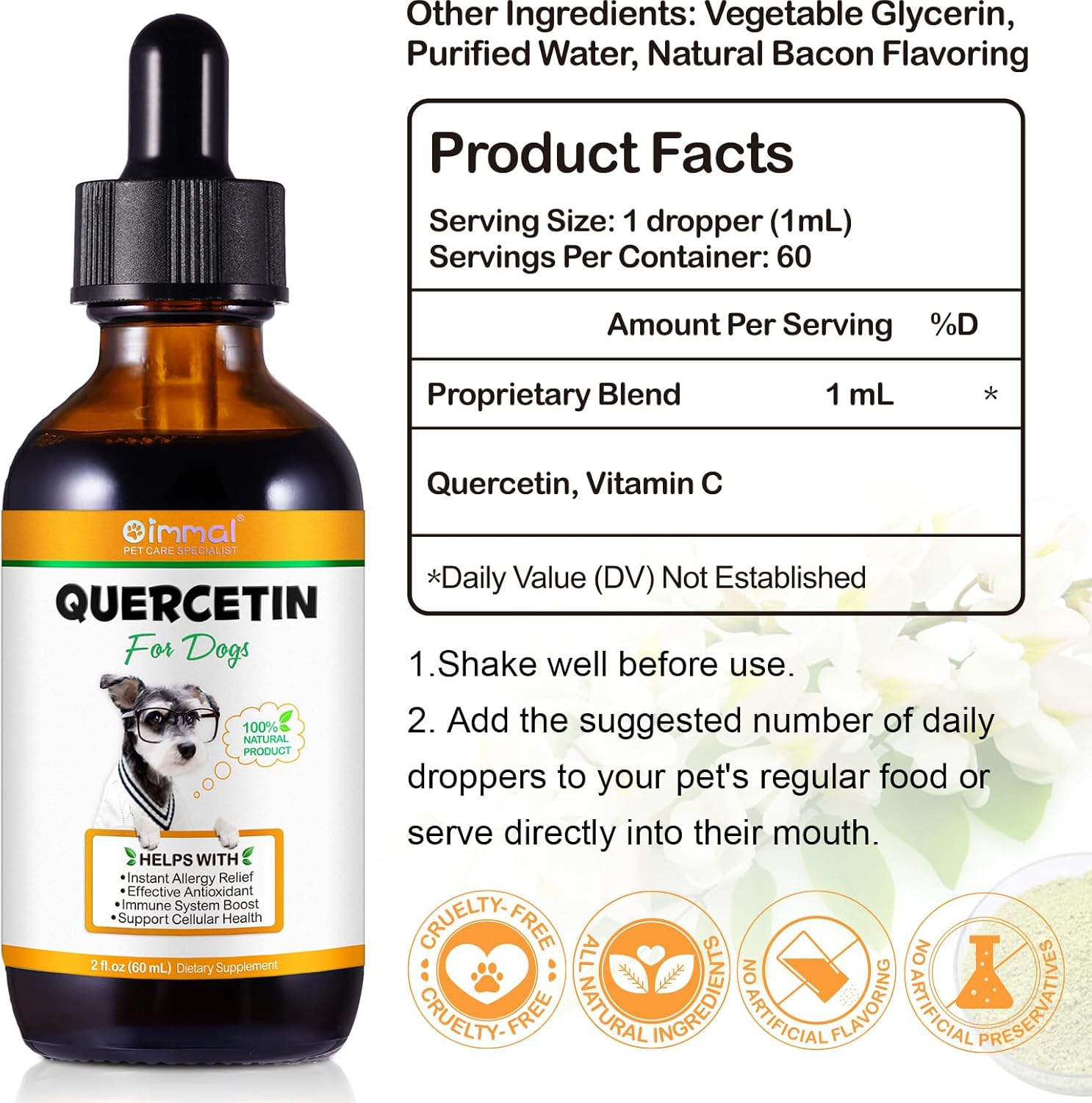 Quercetin for Dogs, 60ML Quercetin Liquid Drops Supplements with Vitamin C for Dog Allergy Relief, Immune Support, Itch Relief & Antioxidant (Natural Bacon Flavor)-8