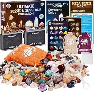 Science Kidz Ultimate Rock Collection Kit - Over 200 Crystals, Gemstones, Fossils, Minerals For Kids - Earth Science Gem Stones Kit - Geology Nature Gifts For Boys & Girls - Plus BONUS Amazing TV Rock