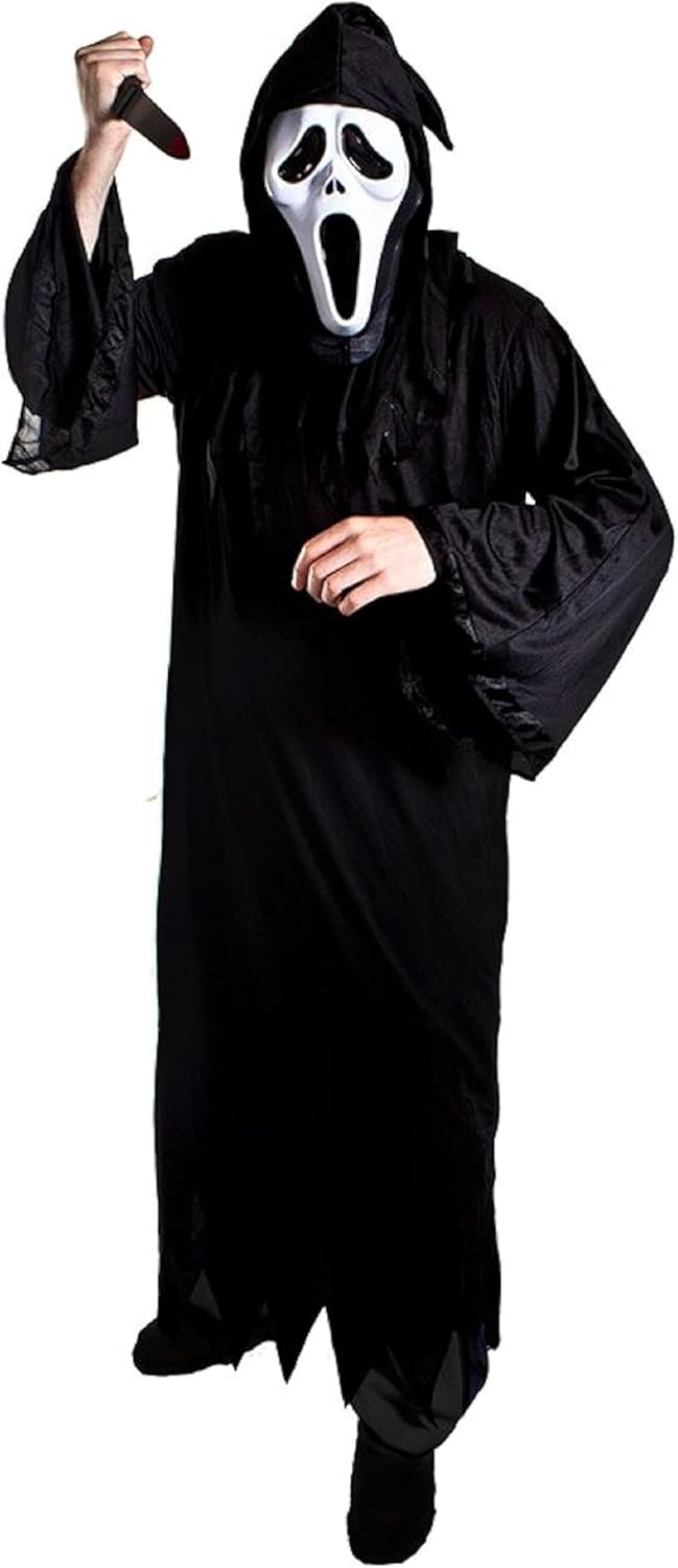 Adults Halloween Trick or Treat Reaper Costume - Black Robe, Screamer Mask and Fake Plastic Knife Prop - Adults Halloween Trick or Treat Fancy Dress Costume-0