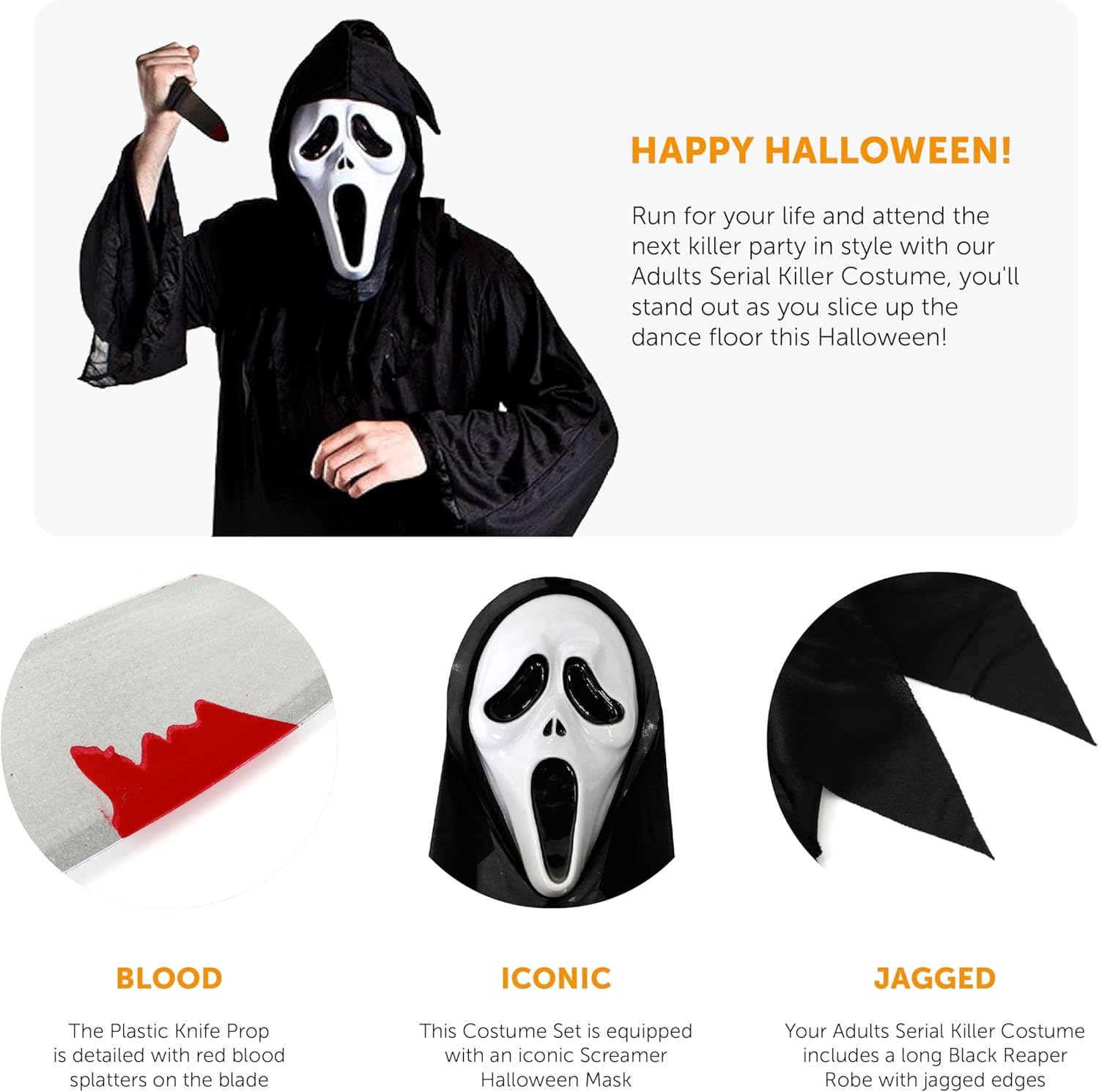 Adults Halloween Trick or Treat Reaper Costume - Black Robe, Screamer Mask and Fake Plastic Knife Prop - Adults Halloween Trick or Treat Fancy Dress Costume-1