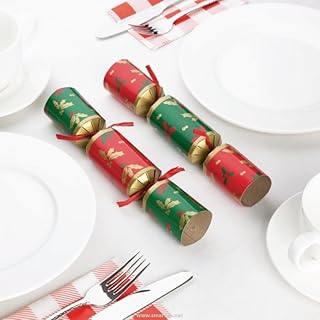 Stalwart Christmas Crackers 9" (Pack of 50) Compostable Plastic-Free Xmas Table Crackers, Holly Pattern Contains a Hat and Joke