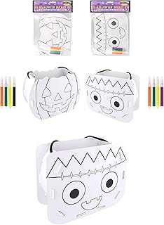 HENBRANDT Single Halloween DIY Trick or Treat Bucket Colour-Your-Own Cardboard Candy Holder 2 Designs Halloween Papercraft Kit Goodies Sweets and Treats Spooky Party Favours for Boys and Girls