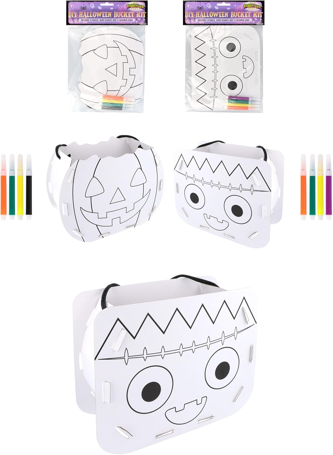 HENBRANDT Single Halloween DIY Trick or Treat Bucket Colour-Your-Own Cardboard Candy Holder 2 Designs Halloween Papercraft Kit Goodies Sweets and Treats Spooky Party Favours for Boys and Girls-0