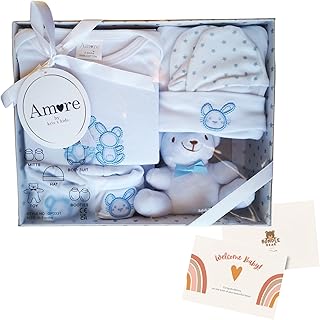 Newborn Baby 5 Piece Luxury Boxed Baby Gift Set (0-3 Months) with Bundle Bear Welcome Baby Card, Baby Showers Gift & Newborn Baby Gift, Gender Reveal Gift (Blue)