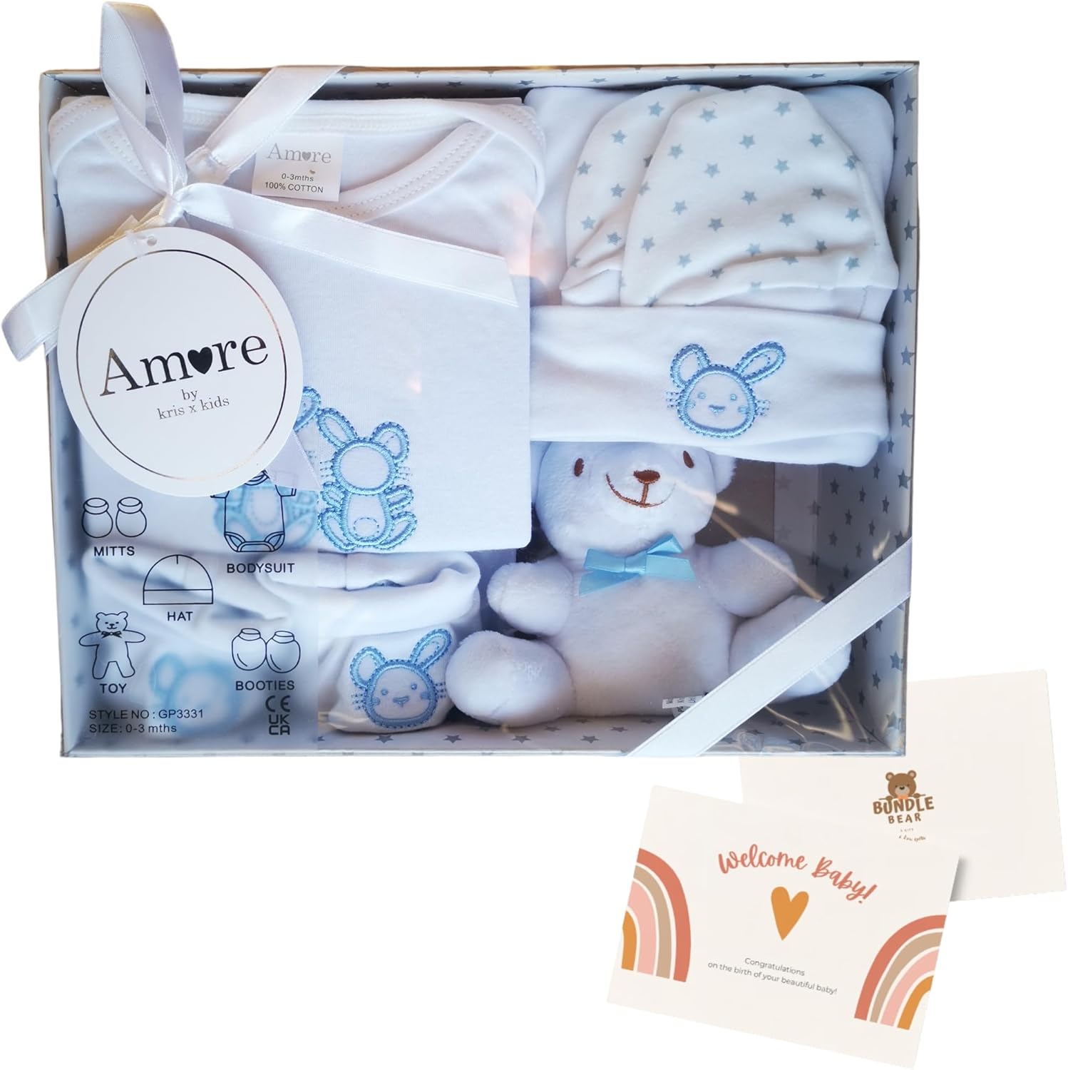 Newborn Baby 5 Piece Luxury Boxed Baby Gift Set (0-3 Months) with Bundle Bear Welcome Baby Card, Baby Showers Gift & Newborn Baby Gift, Gender Reveal Gift (Blue)-0