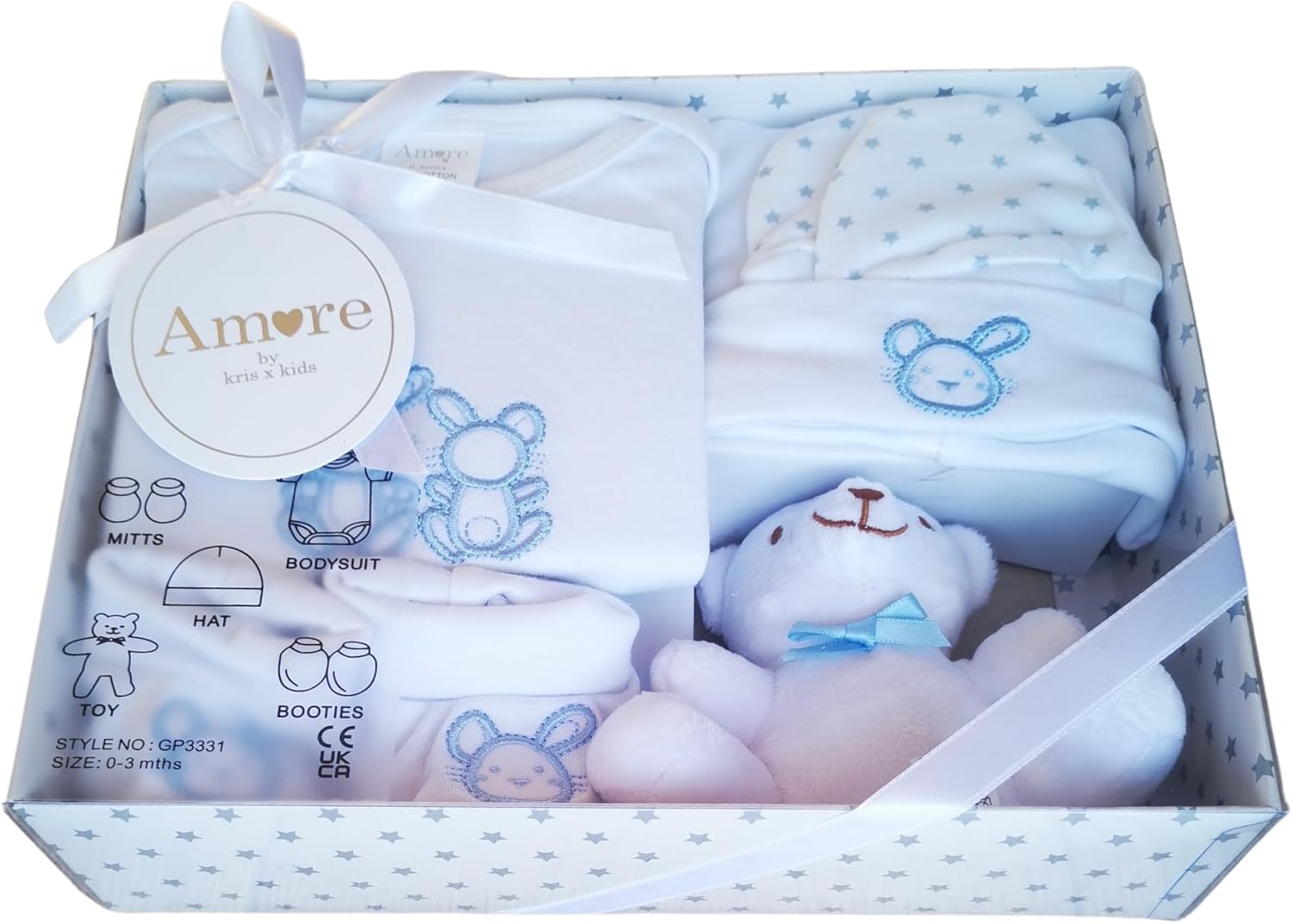 Newborn Baby 5 Piece Luxury Boxed Baby Gift Set (0-3 Months) with Bundle Bear Welcome Baby Card, Baby Showers Gift & Newborn Baby Gift, Gender Reveal Gift (Blue)-1