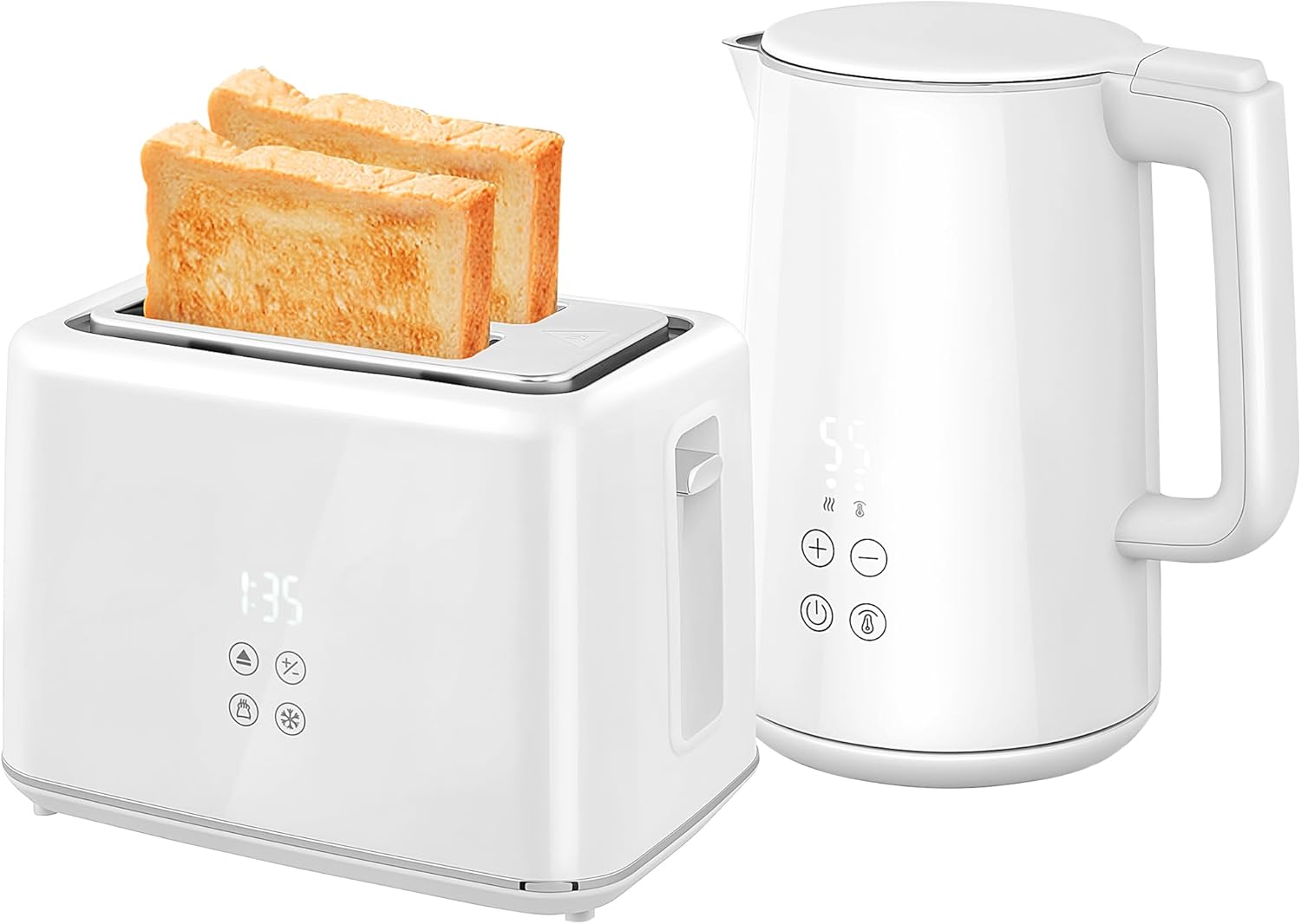 HOMCOM Kettle and Toaster Set, 1.5L 3000W Fast Boil Kettle with Insulation & 2 Slice Toaster Kitchen Set with 7 Level Browning Controls, Defrost, Reheat and Crumb Tray, Cream White-0