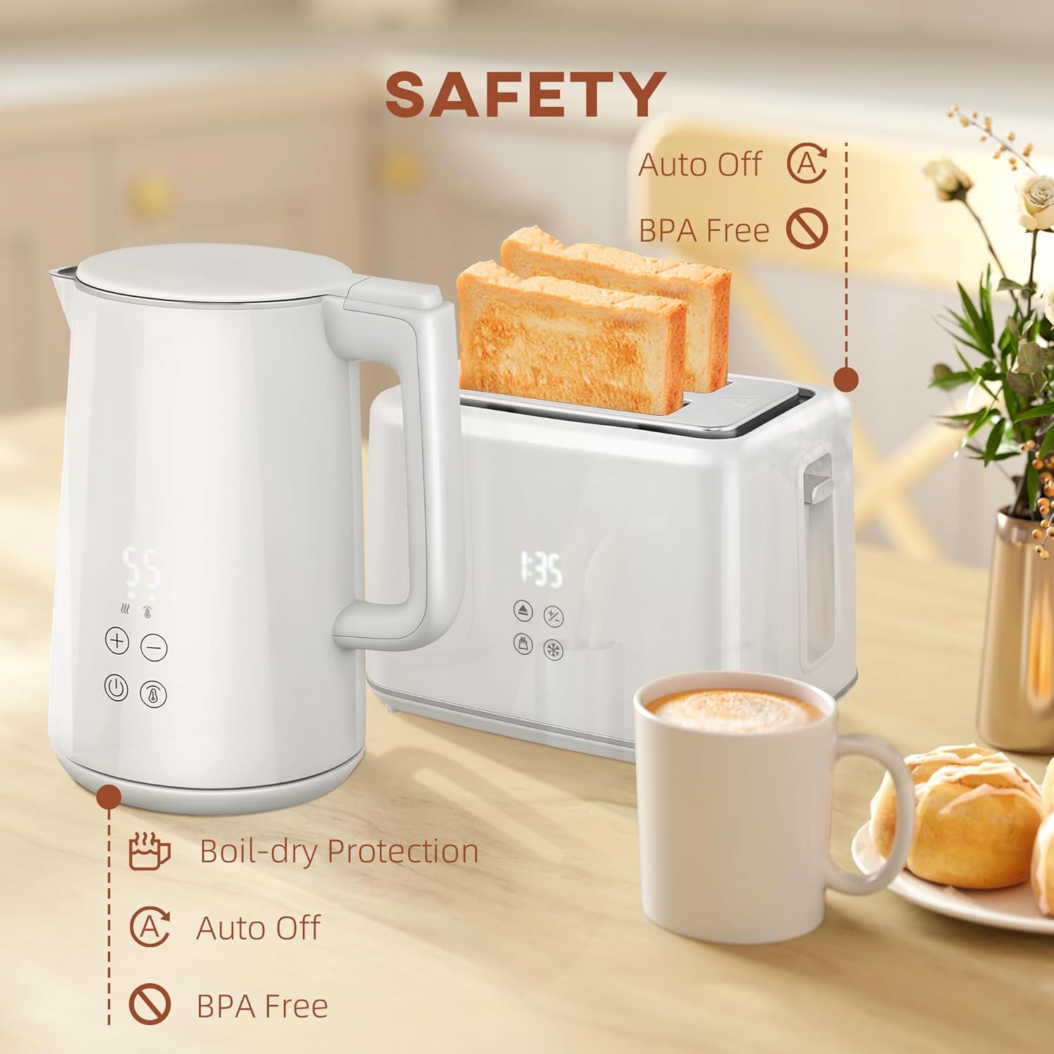 HOMCOM Kettle and Toaster Set, 1.5L 3000W Fast Boil Kettle with Insulation & 2 Slice Toaster Kitchen Set with 7 Level Browning Controls, Defrost, Reheat and Crumb Tray, Cream White-6