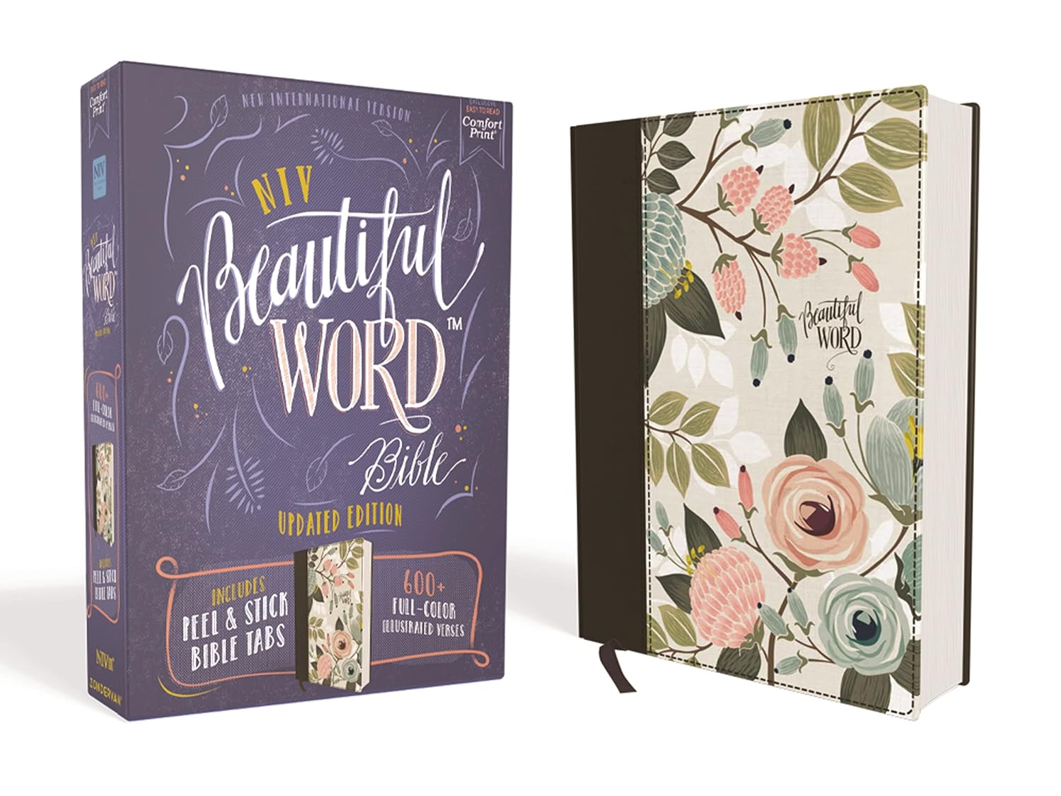 NIV, Beautiful Word Bible, Updated Edition, Peel/Stick Bible Tabs, Cloth over Board, Floral, Red Letter, Comfort Print: 600+ Full-Color Illustrated Verses-0