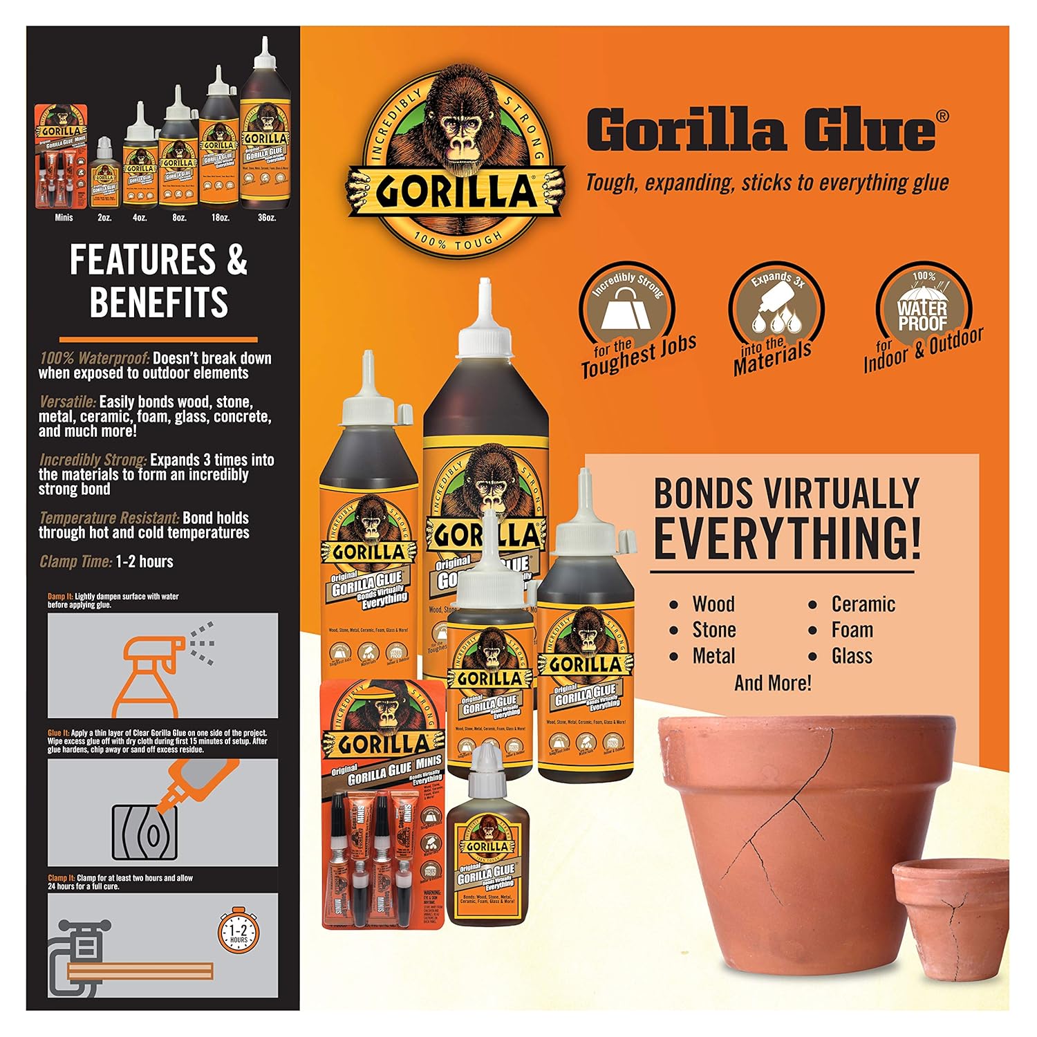 Gorilla Original Gorilla Glue, Waterproof Polyurethane Glue, 8 Ounce Bottle, Brown, (Pack of 1)-3