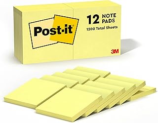 Post-it Notes, 12 Sticky Note Pads, 3 in. x 3 in., School Supplies and Office Products, Easy to Reposition Memo Pads Set, Great for Books and Paper, Canary Yellow